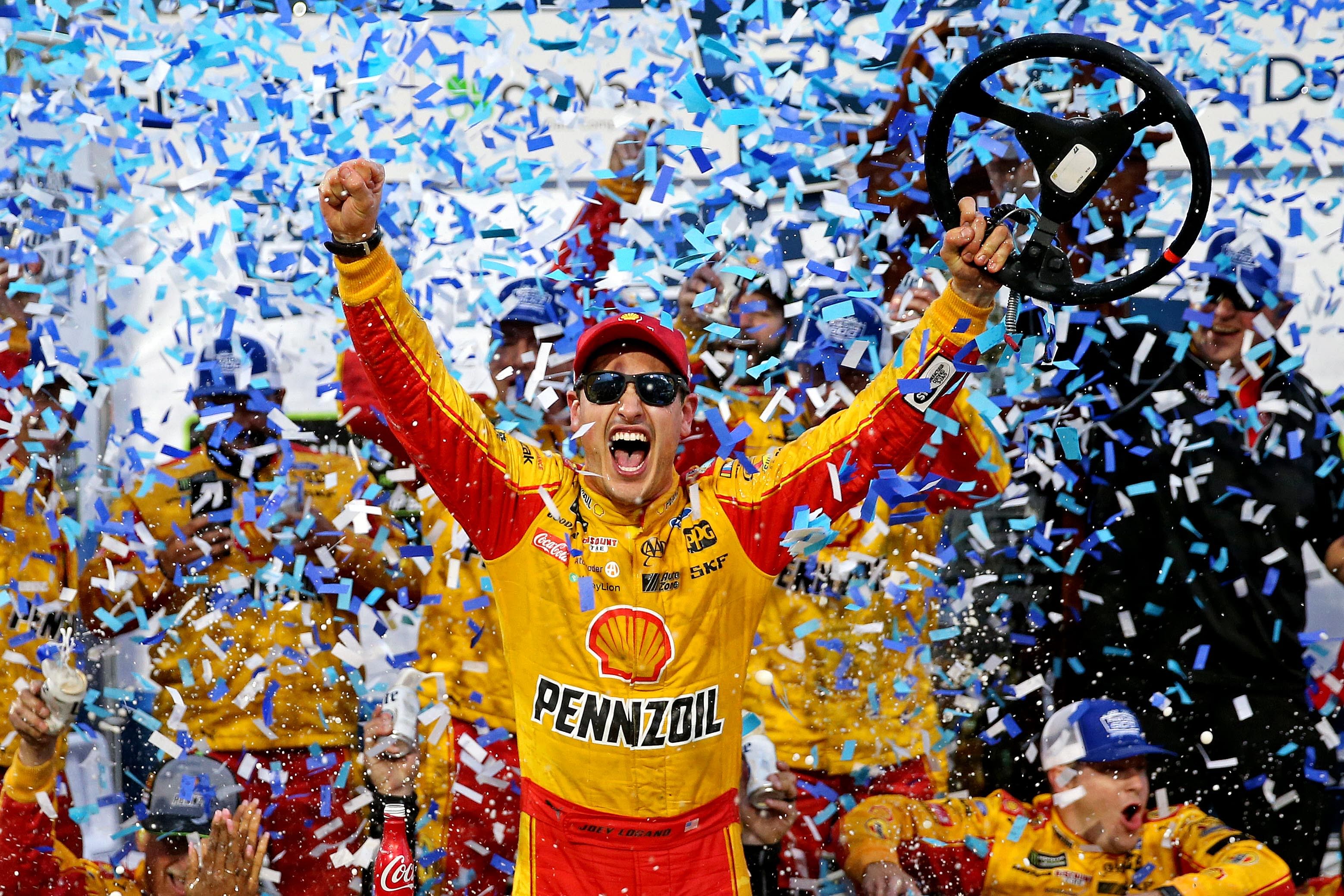 NASCAR Cup Series driver Joey Logano (22) celebrates winning the First Data 500 at Martinsville Speedway. - Source: Imagn