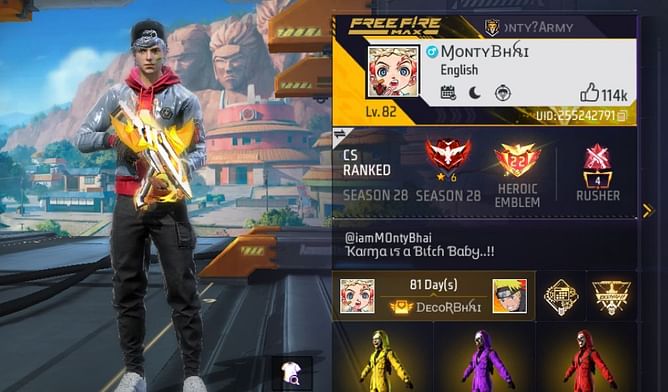 Monty Bhai की Free Fire MAX ID, स्टैट्स और अन्य जानकारी