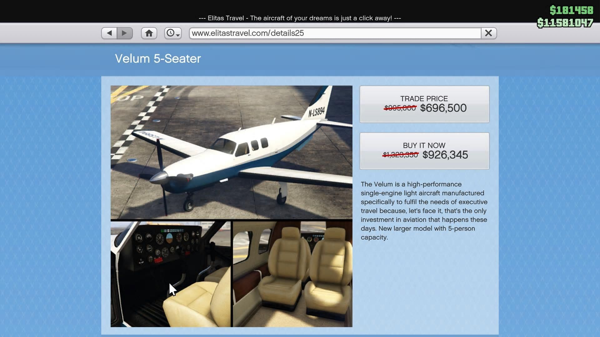 Velum 5-Seater&#039;s page on Elitas Travel (Image via Rockstar Games)