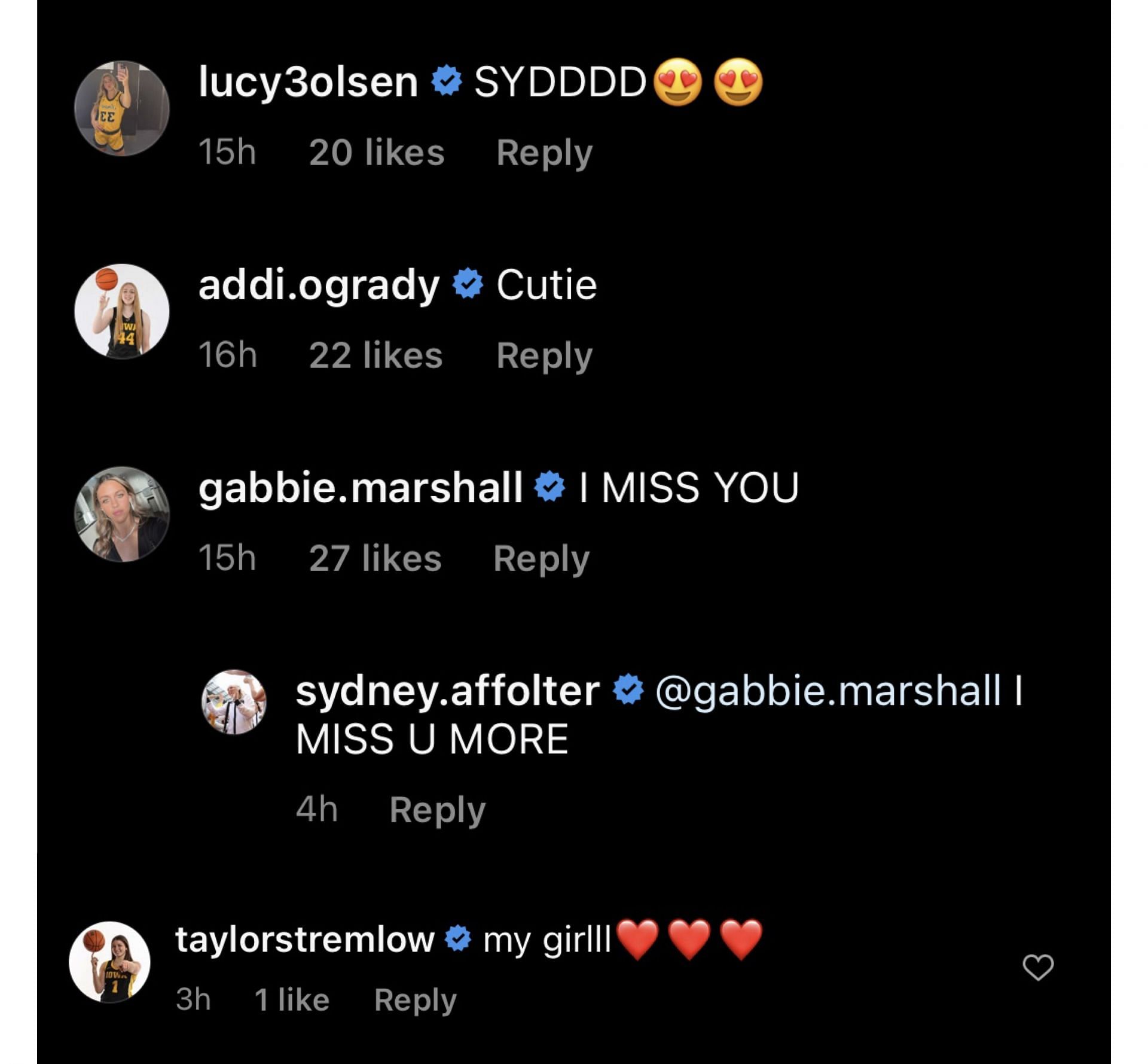 Iowa women&#039;s basketball players react to Sydney Affolter&#039;s post. IG image via @sydney.affolter