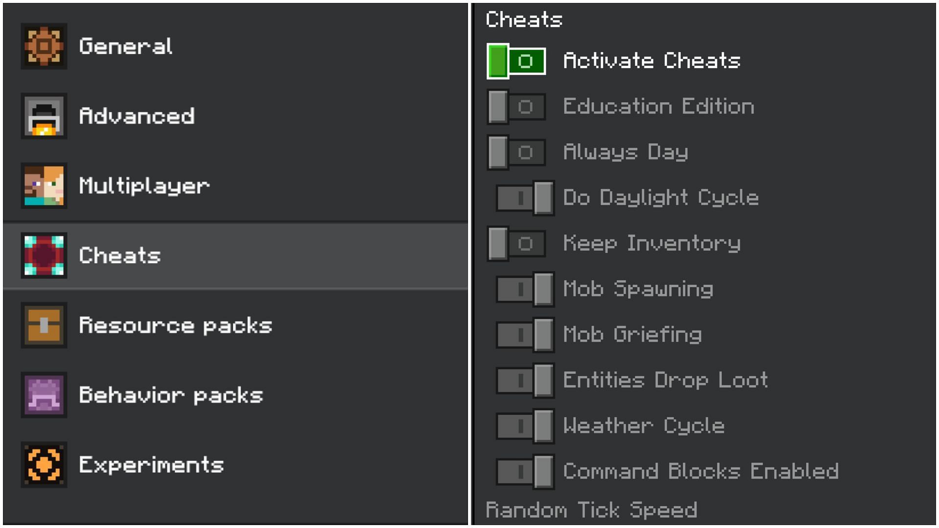 Activate cheats by going into game settings (Image via Mojang Studios)