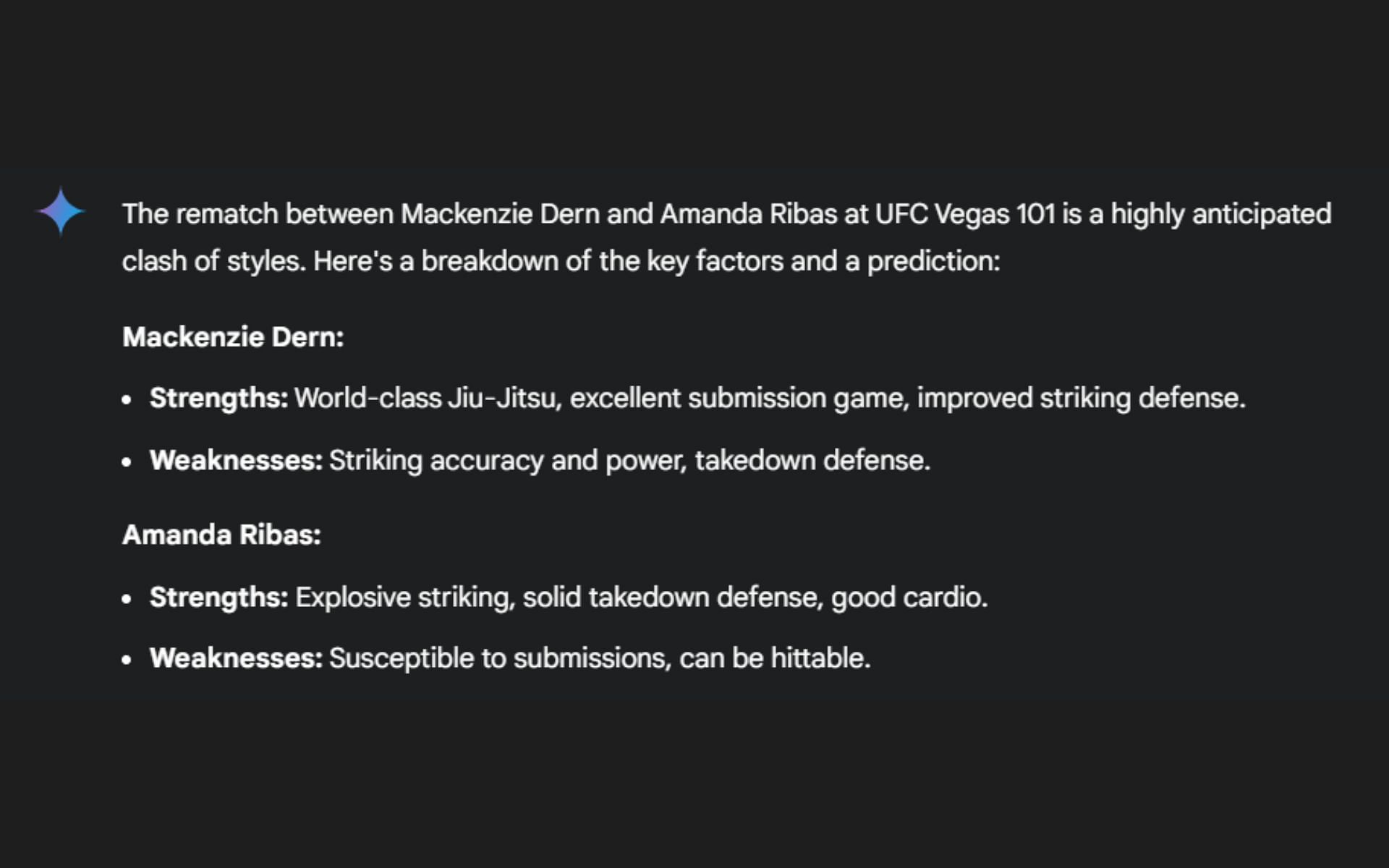 Screenshot of UFC Vegas 101: Mackenzie Dern vs. Amanda Ribas 2 prediction