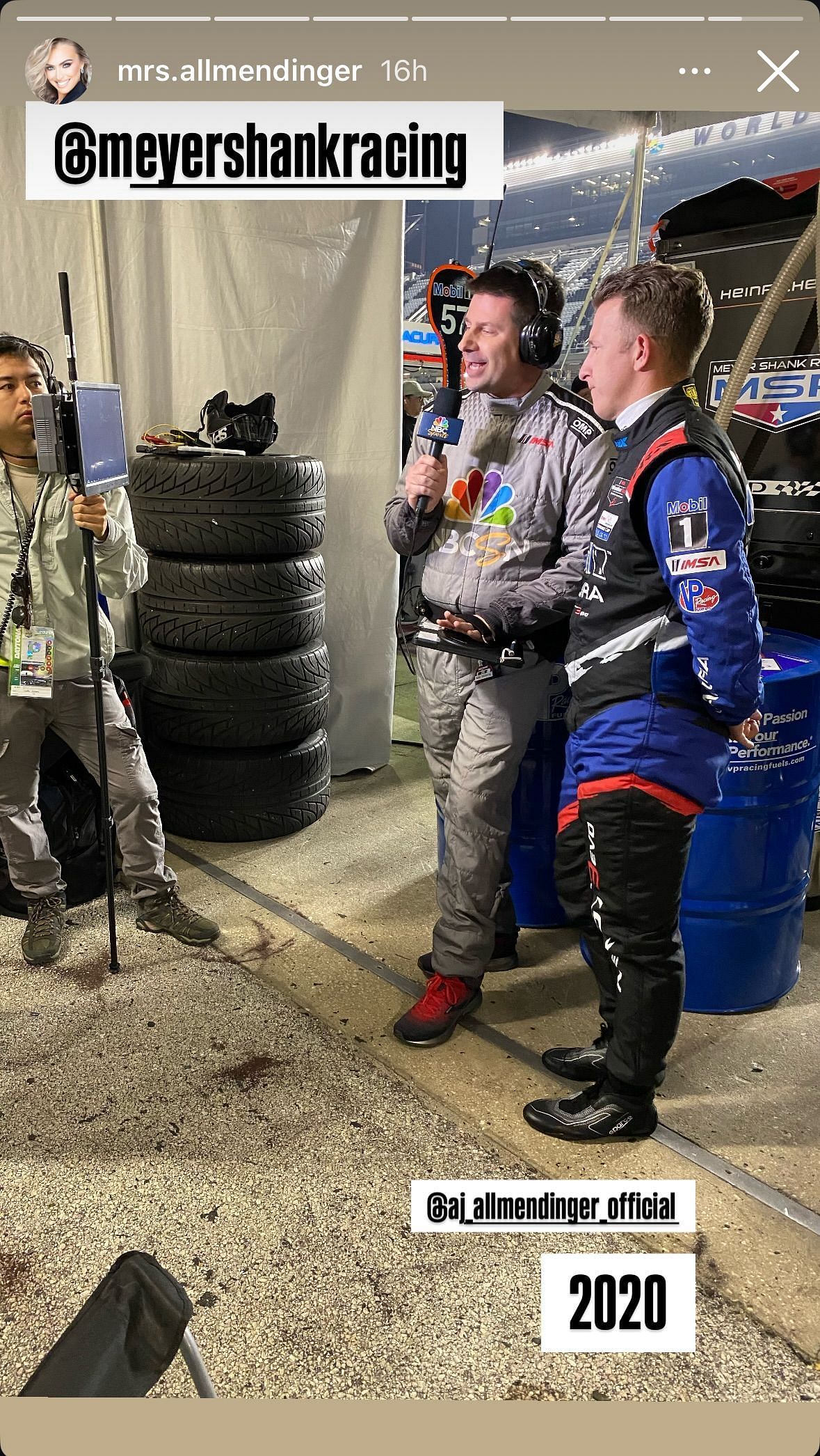 Tara Allmendinger&#039;s Instagram story featuring AJ Allmendinger giving an interview at the Rolex 24 - Image via Instagram/@mrs.allmendinger