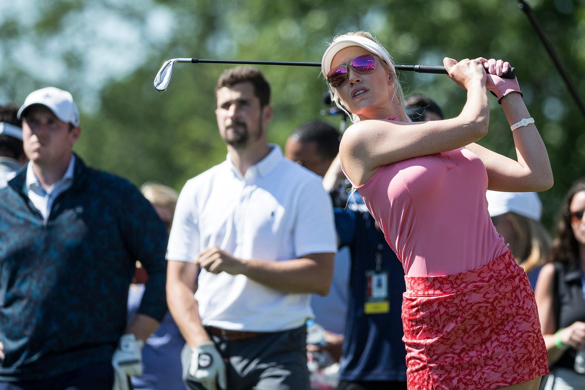 Paige Spiranac tees off for the 15th hole during the AREA 313 Celebrity Challenge of the Rocket Mortgage Classic - Source: Imagn