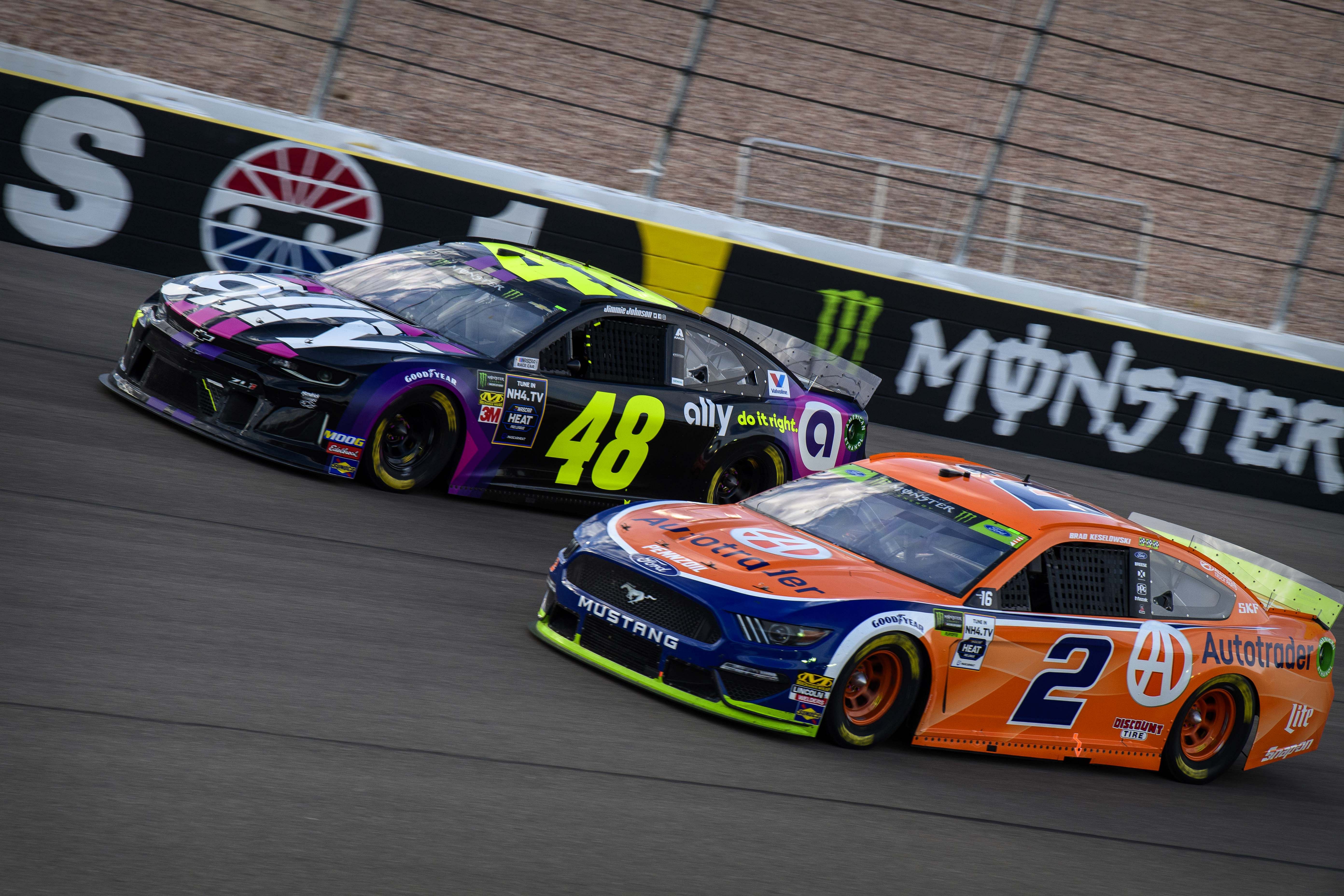 Jimmie Johnson (48) and driver Brad Keselowski (2) during the South Point 400 at Las Vegas Motor Speedway. Mandatory Credit: Jerome Miron-Imagn Images