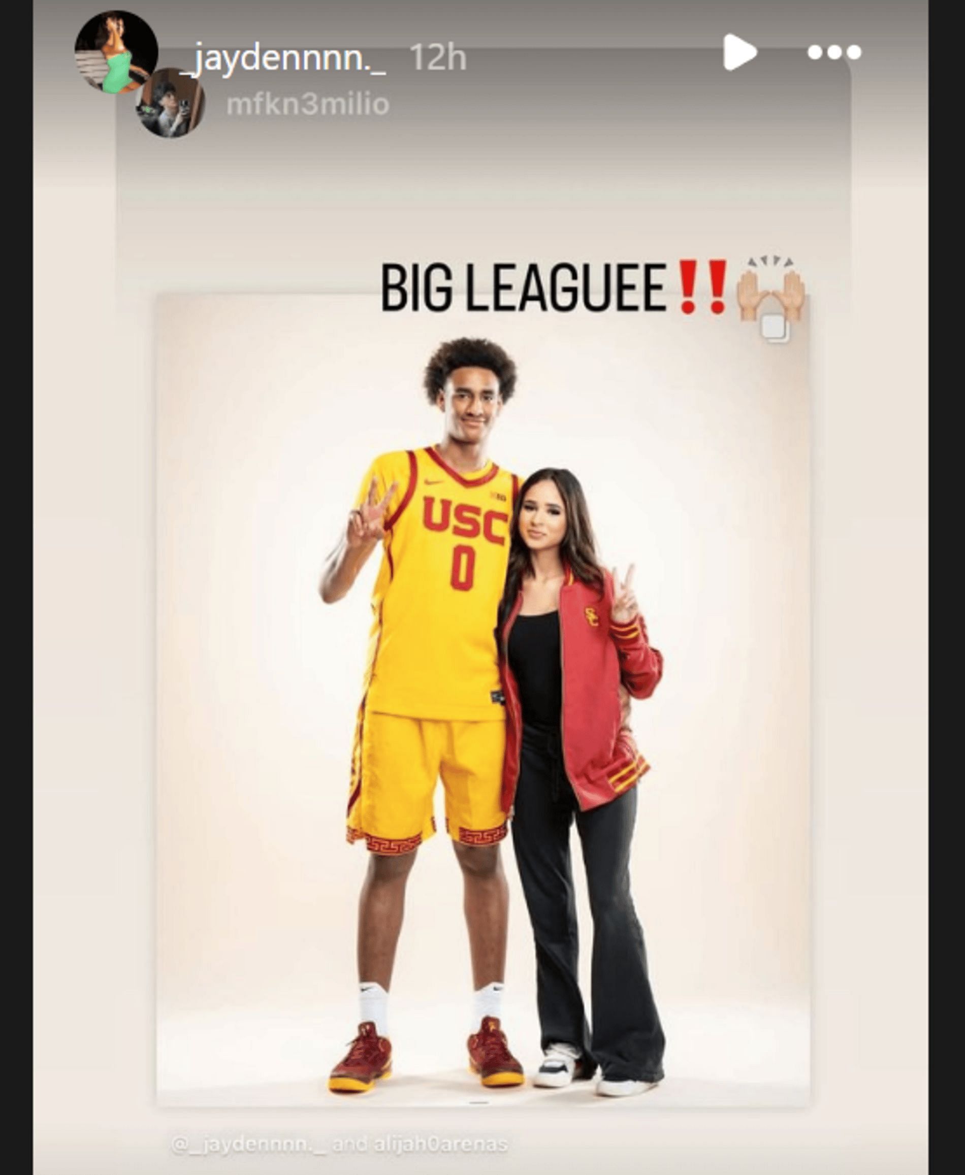 Hayden shares Instagram Stories regarding Alijah Arenas&#039; USC photoshoot following his commitment (Source: Instagram/ _jaydennnn._)