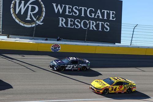 Bubba Wallace (#23 23XI Racing Leidos/U.S. Air Force Toyota) and Michael McDowell (#34 Front Row Motorsports Love's Travel Stops Ford) race during the South Point 400 NASCAR Cup Series - Source: Getty