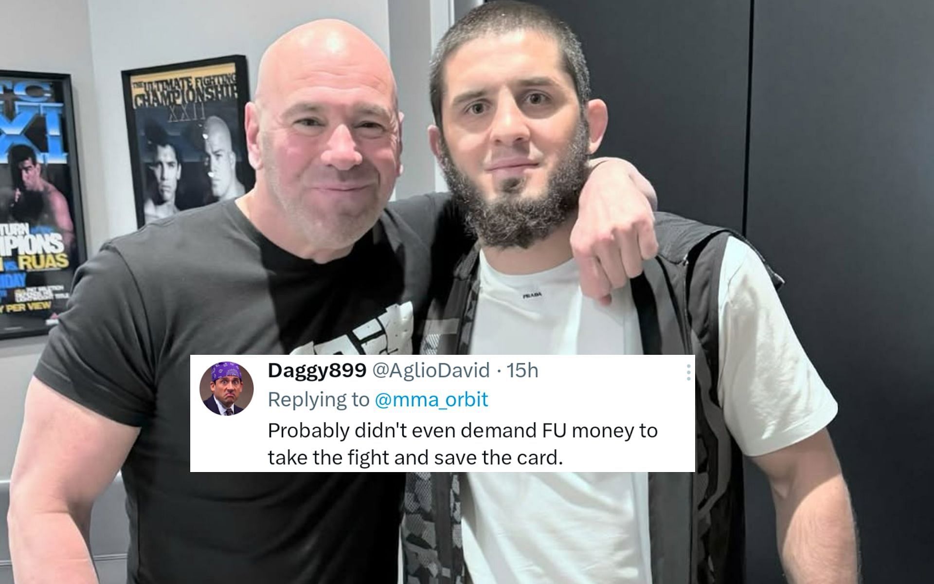 Fans react  as Islam Makhachev (right) issues unfiltered response to Dana White (left). [Image courtesy: @islam_makhachev on Instagram]