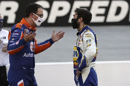 Joey Logano (left) and driver Chase Elliott (right) talk after the NASCAR Cup Series race at Bristol Motor Speedway. - Source: Imagn