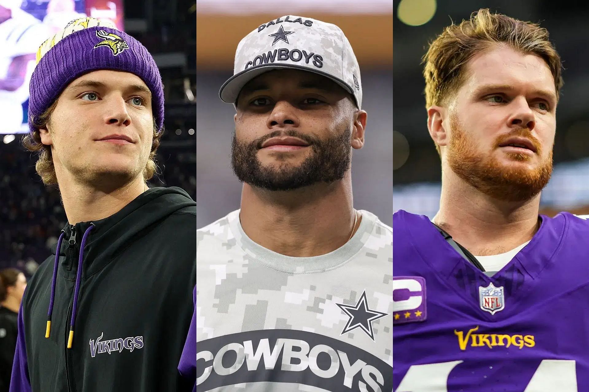 J.J. McCarthy - L, Dak Prescott - C, Sam Darnold - R (Collage Images Credit: Getty)