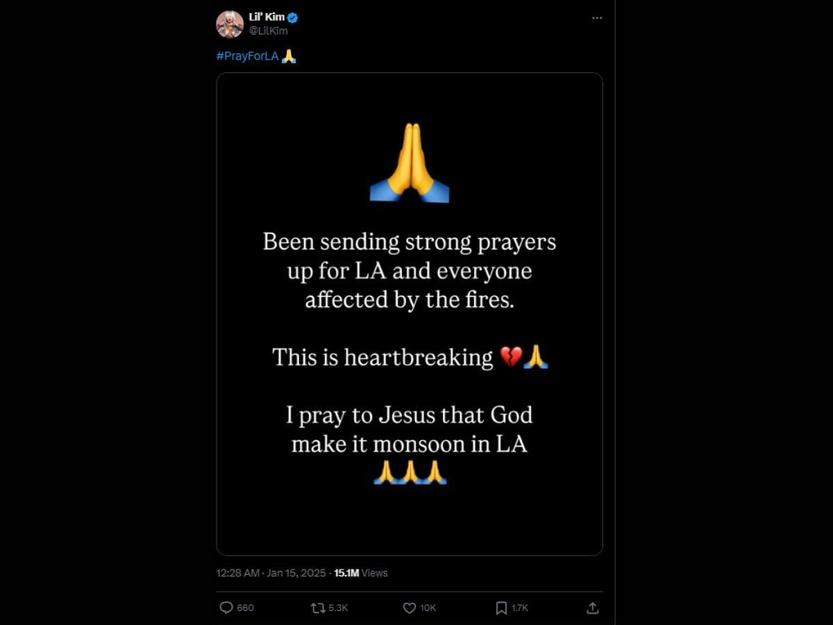 The rapper prays for monsoon amid the LA wildfire. [Image via X/@LilKim]