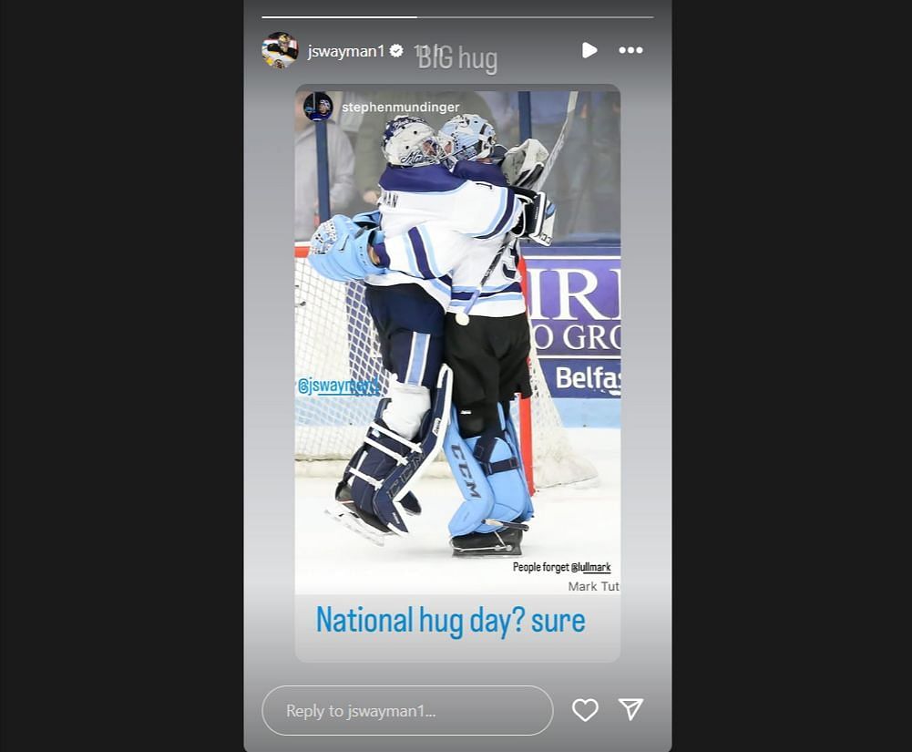 Swayman and Ullmark sharing one of their famous hugs. (Credit: IG/@jswayman1)