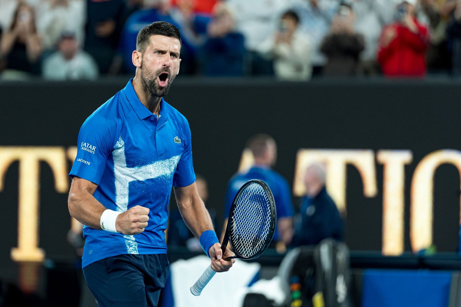 Novak Djokovic celebrates beating Tomas Machac at the Australian Open. Source: Getty