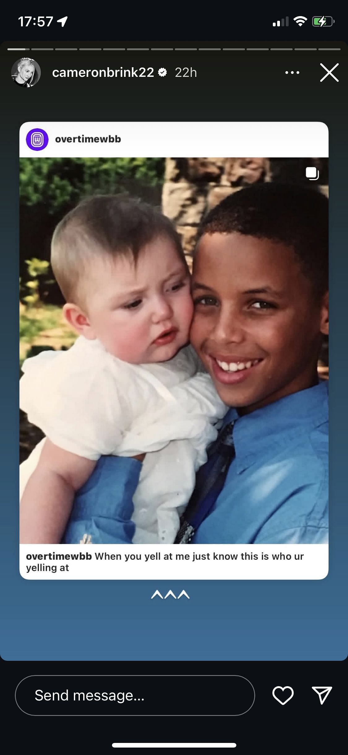 Screenshot of a baby Cameron Brink and a young Steph Curry/Instagram