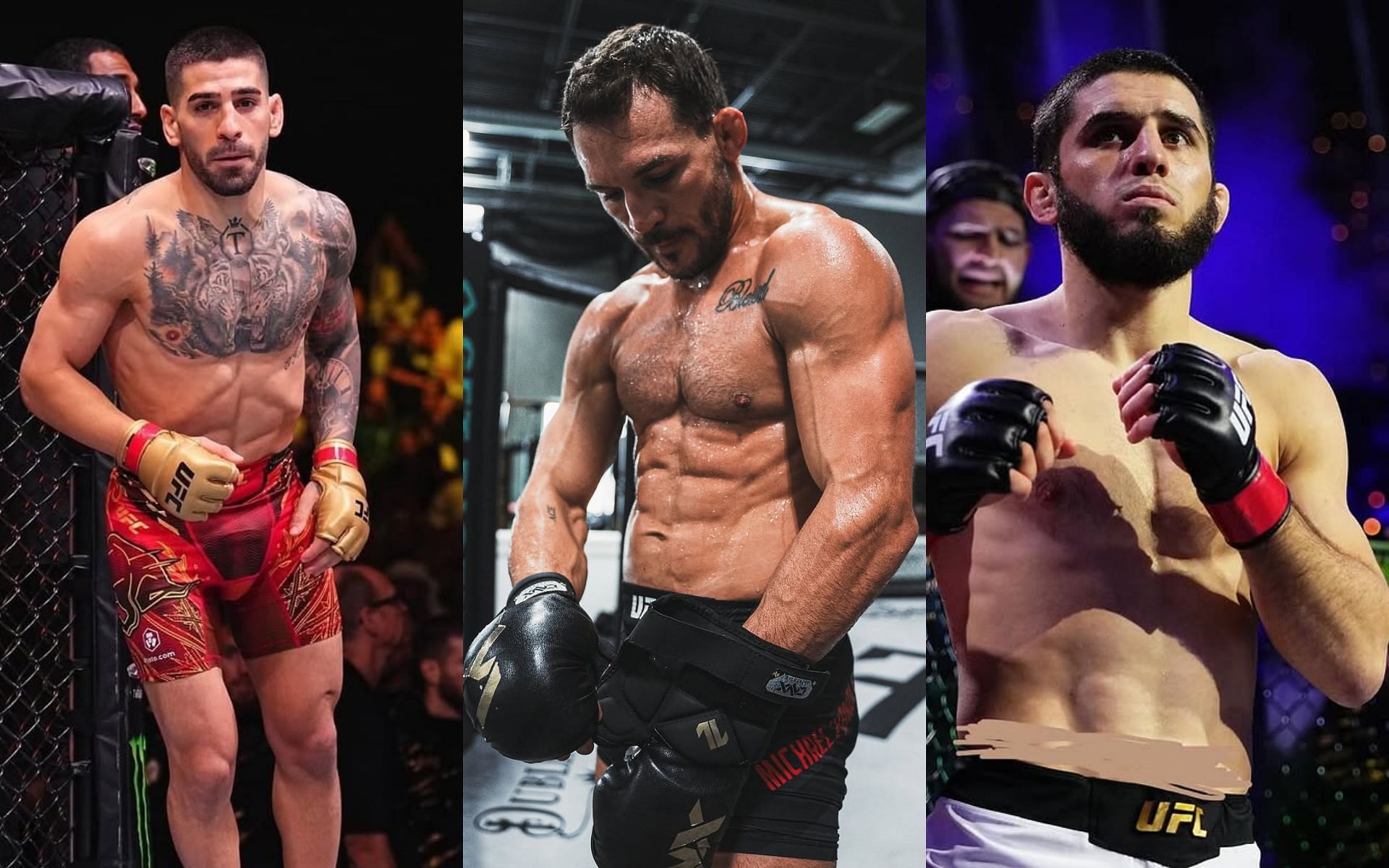 Michael Chandler (middle) shares his thoughts on the potential Ilia Topuria (left) vs. Islam Makhachev (right) bout. [Images courtesy: @islam_makhachev, @iliatopuria and @mikechandlermma on Instagram]