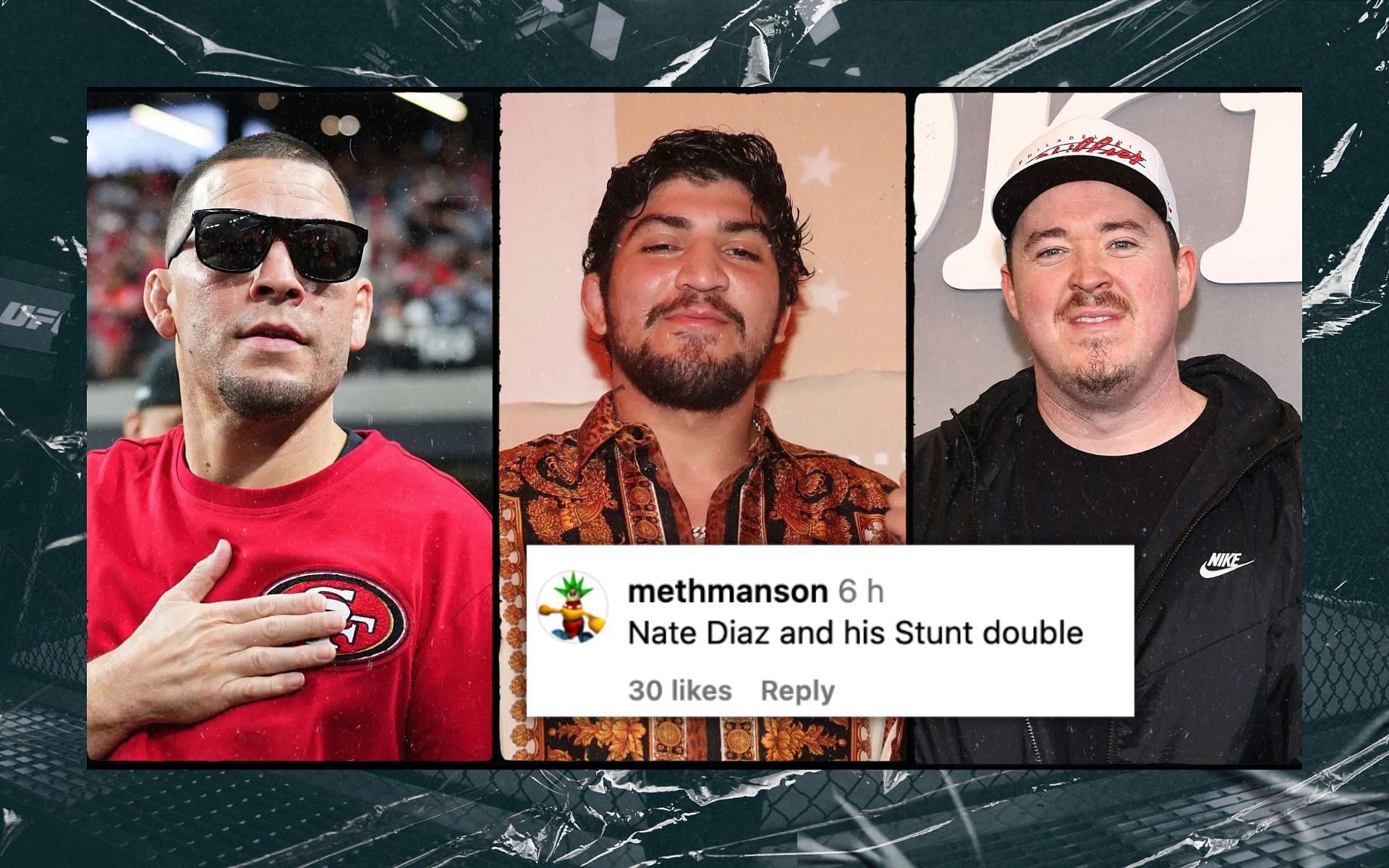 Dillion Danis (center) and fans react to Nate Diaz (left) and Shane Gillis (right) posing for picture together. [Images courtesy: Getty Images]