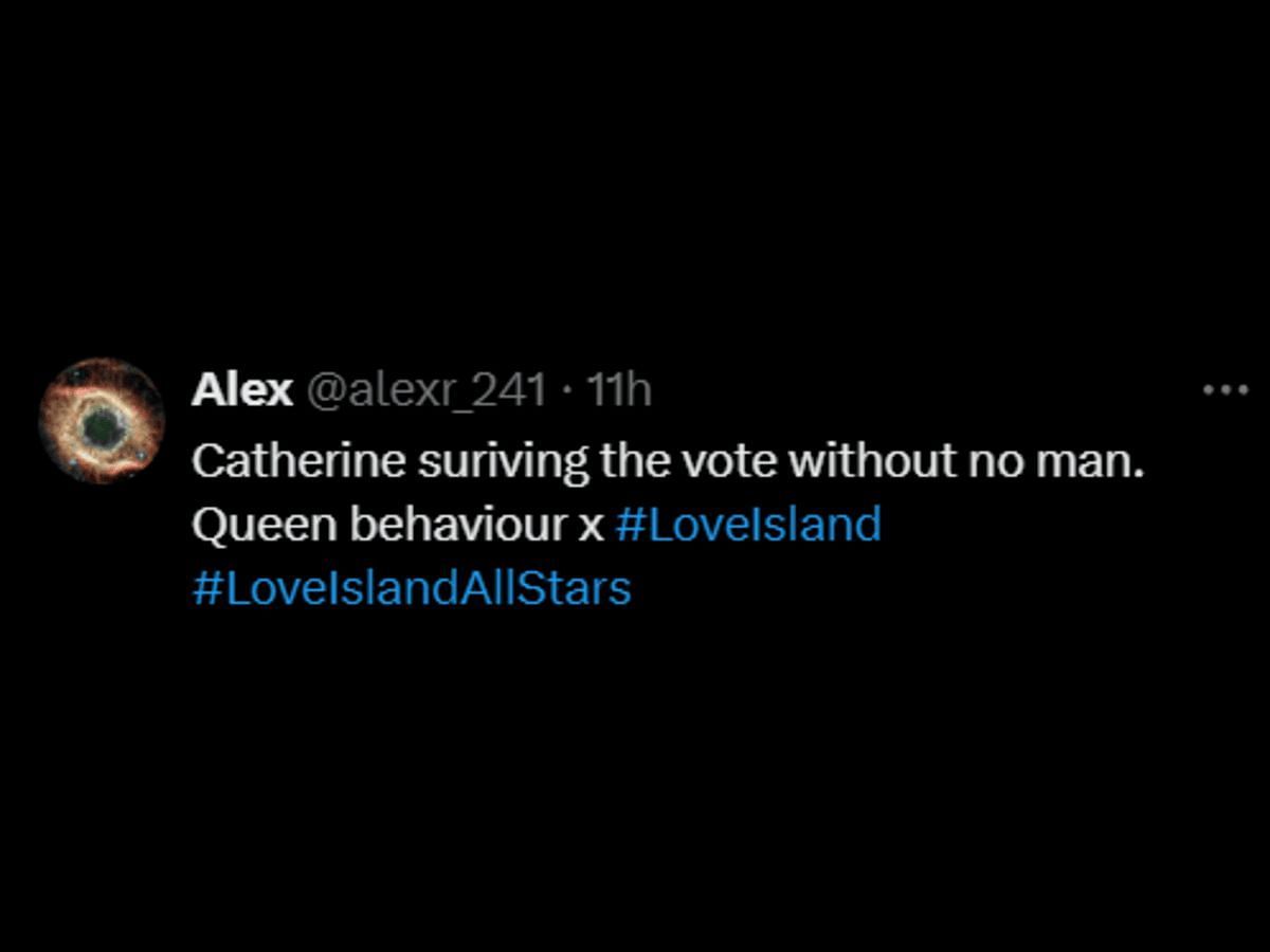 A Love Island: All Stars fan reacts to Catherine getting saved (Image via X/@alexr_241)