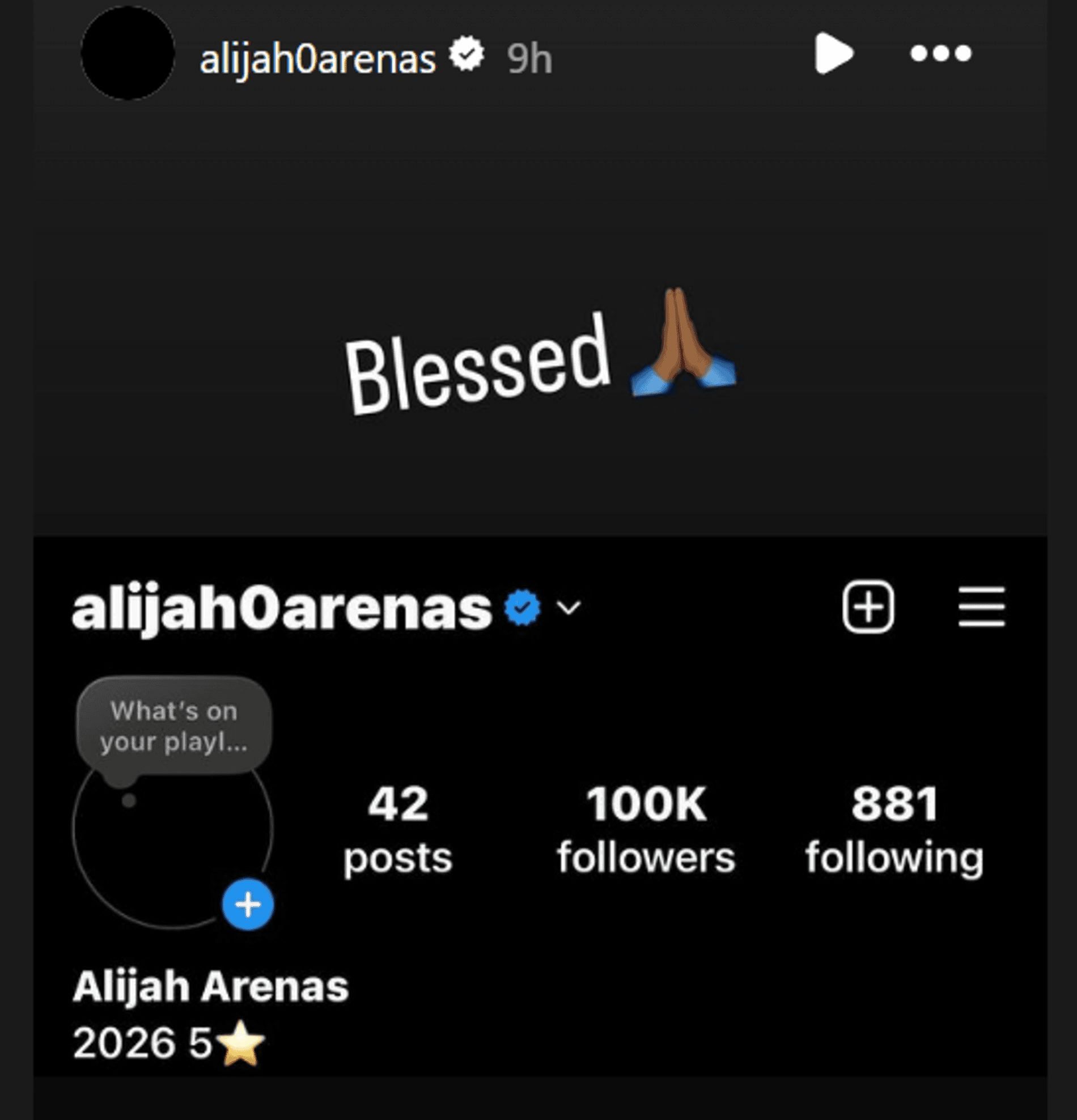 Five-star shooting guard Alijah Arenas reacts to reaching 100,000 followers milestone on Instagram (Source: Instagram/ alijah0arenas)