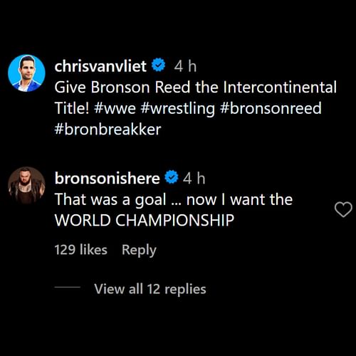 Bronson Reed sends a message [Image credit: Screenshot of Reed's comment on Van Vliet's Instagram post]