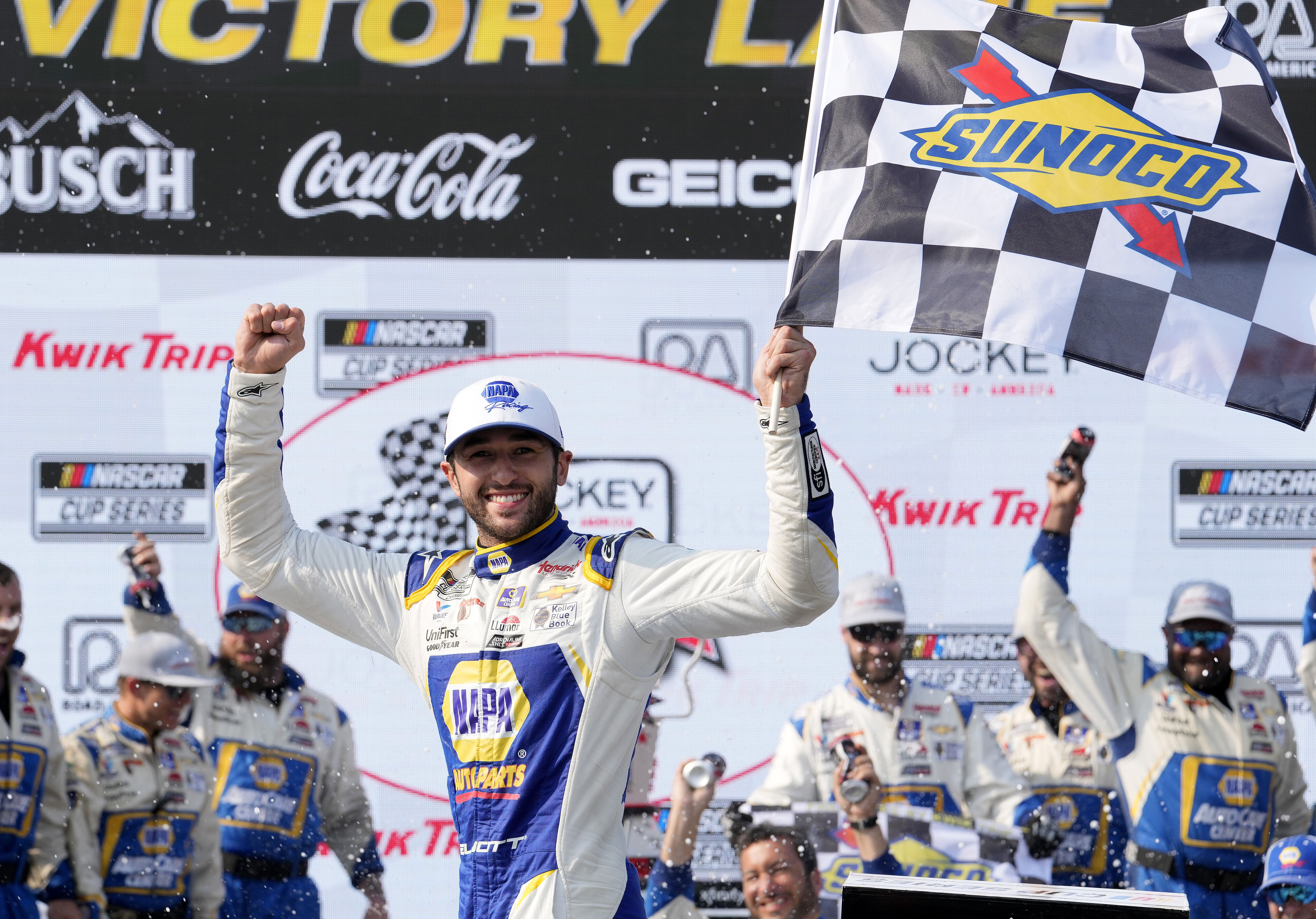 NASCAR Cup Series driver Chase Elliott (9) reacts after winning the Jockey Made in America 250 - Source: Imagn