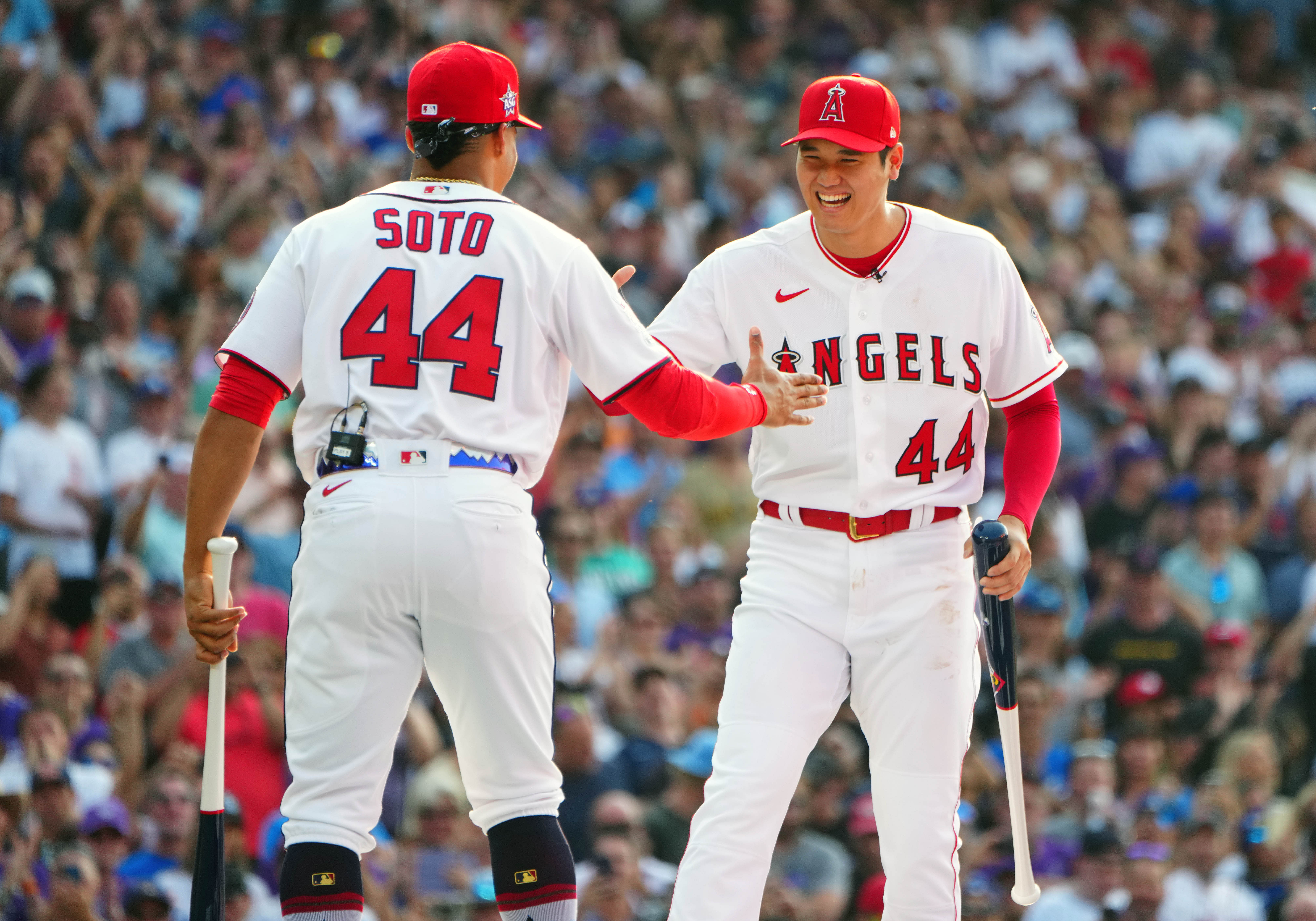 Jul 12, 2021; Denver, CO, USA; Washington Nationals right fielder Juan Soto greets Los Angeles Angels designated hitter/starting pitcher Shohei Ohtani during introductions in the 2021 MLB Home Run Derby - Source: Imagn