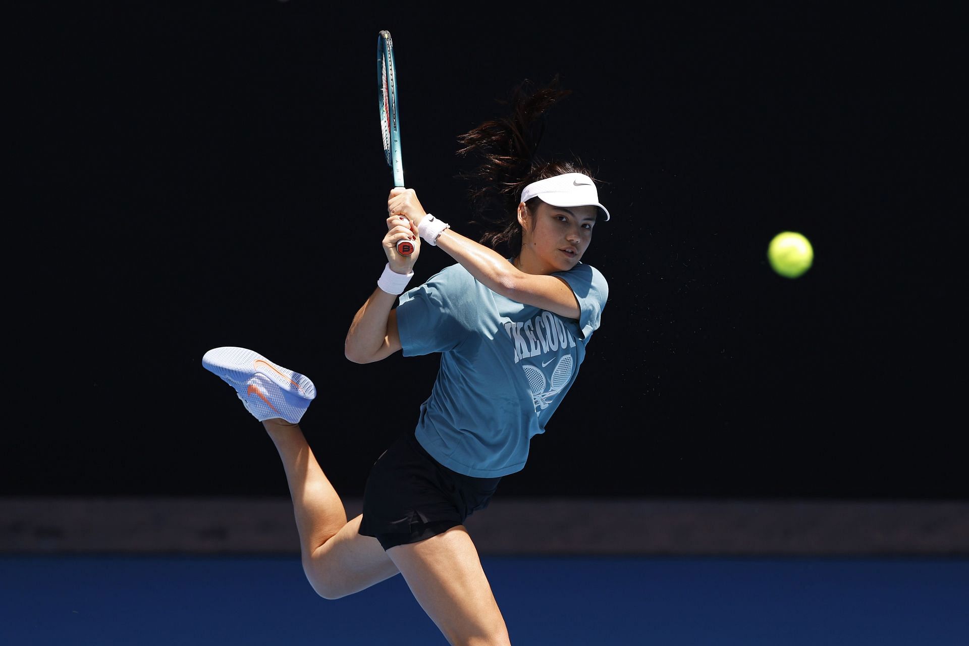 Emma Raducanu plays a backhand during a practice session ahead of the 2025 Australian Open. Source: Getty