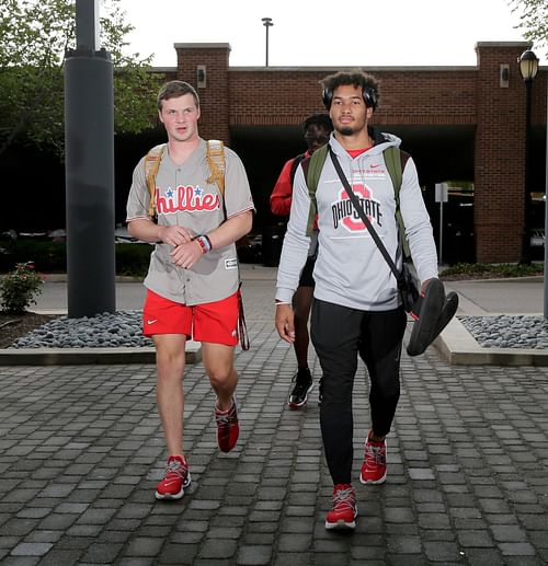 Ohio State Buckeye football players, including Kyle McCord and Emeka Egbuka checked in to the team hotel, the Hyatt Place at Grandview Yard, for camp on Sunday, August 8, 2021 - Source: Imagn