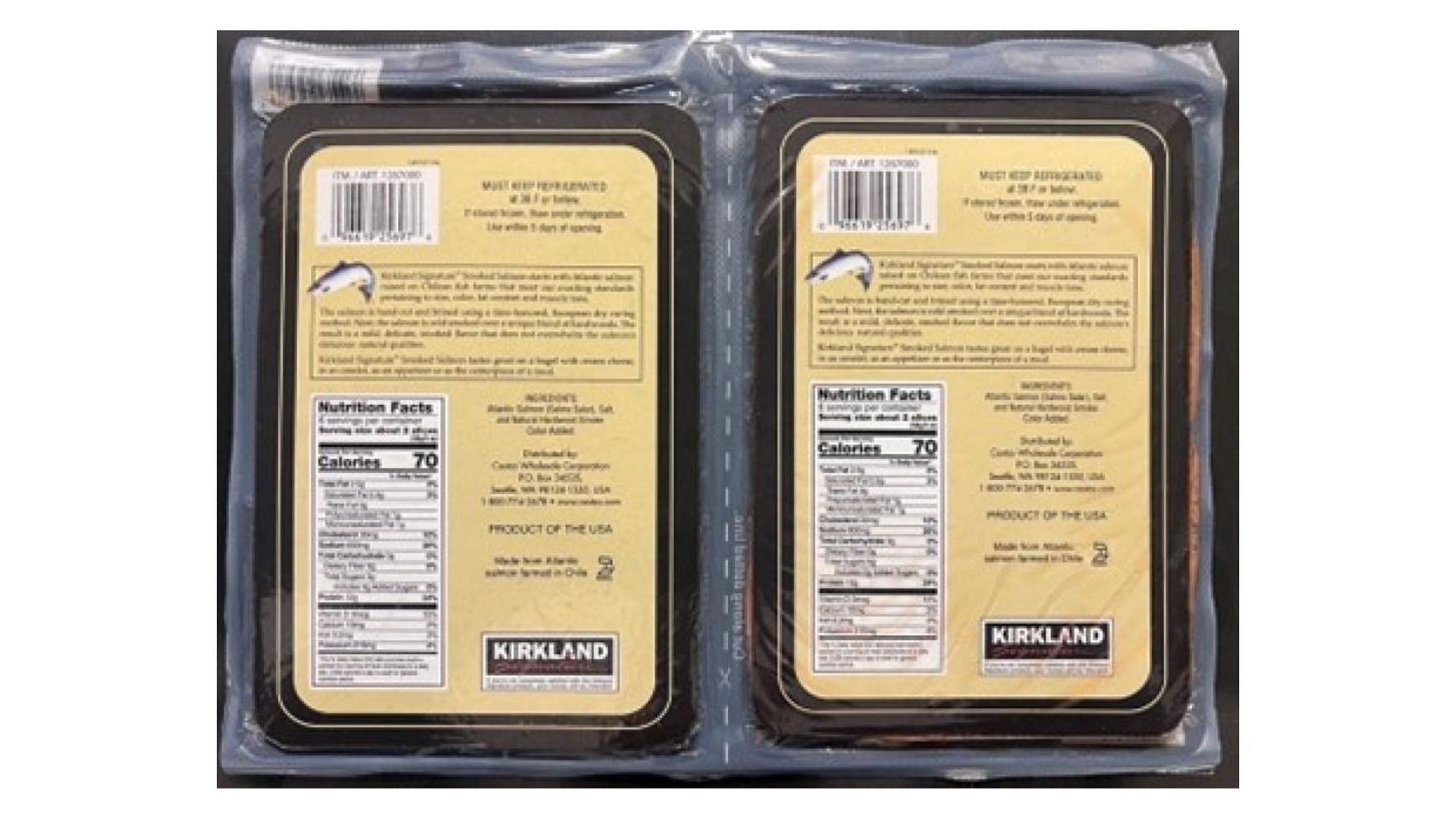 Costco&#039;s Kirkland Signature Smoked Salmon photo shared by the FDA (Image via FDA)