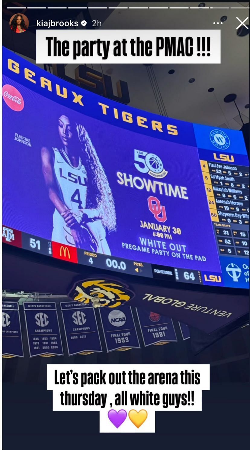 Flau&#039;jae Johnson&#039;s mom Kia Brooks sends a message to fans on her Instagram story before LSU vs Oklahoma - Image source: Instagram/kiajbrooks