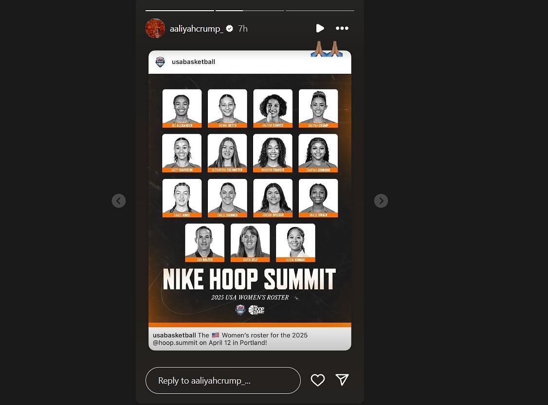 Aaliyah Crump joins the 2025 USA Women&#039;s roster for the Nike Hoop Summit (Image via Instagram/@AaliyahCrump_)