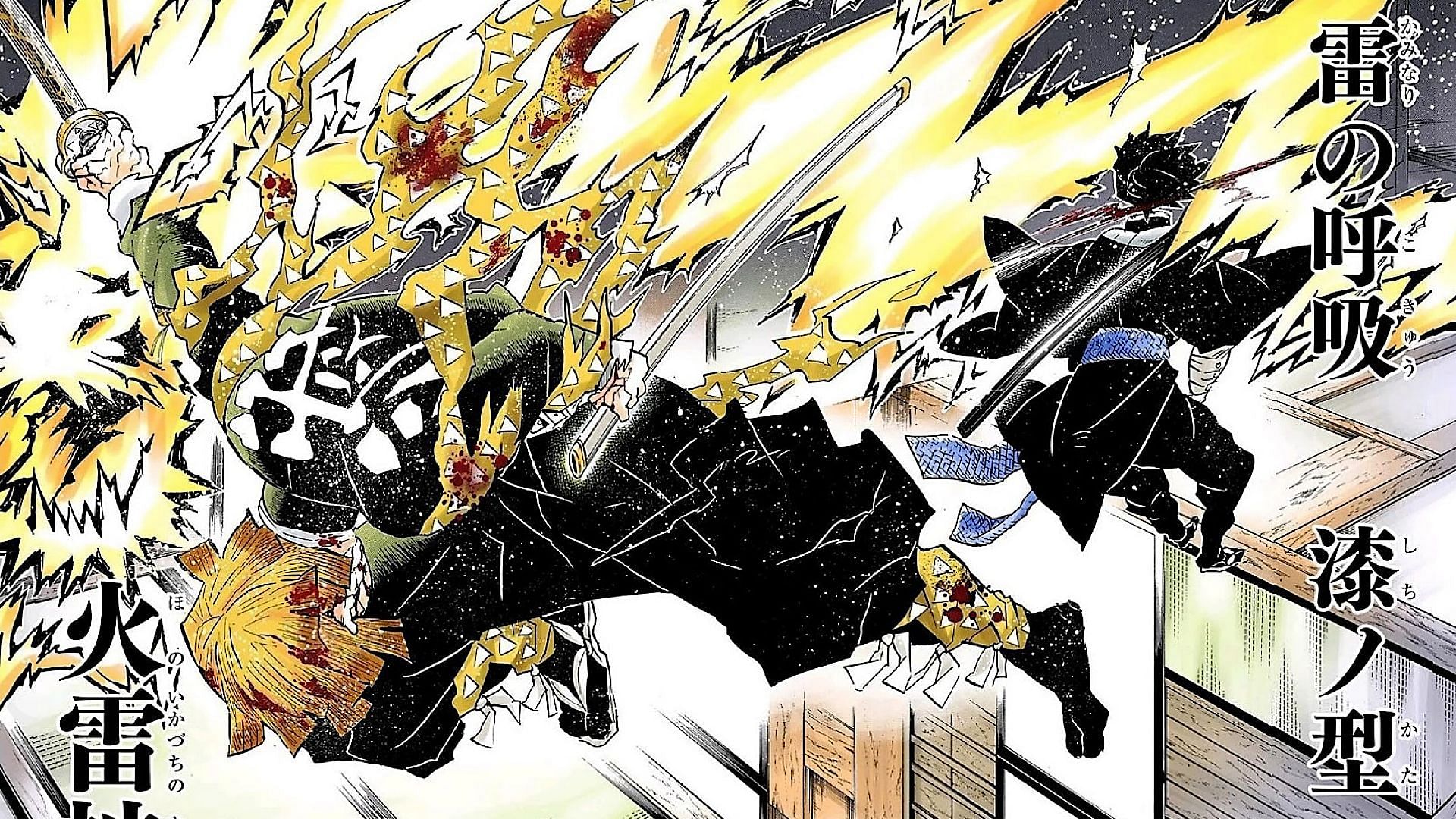 Kaigaku and Zenitsu&rsquo;s battle in the Infinity Castle Arc (Image via Shueisha)