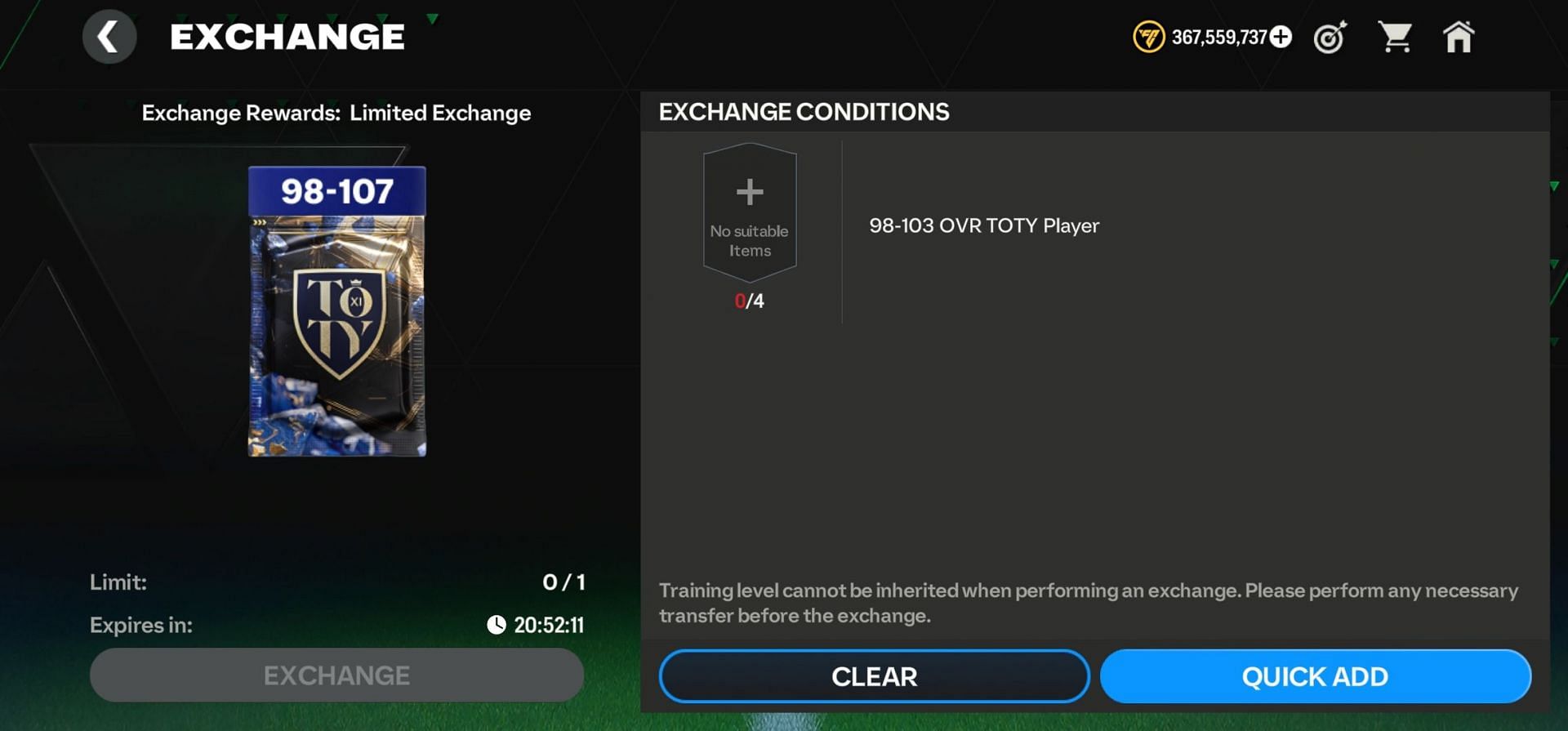 FC Mobile TOTY Limited Exchange conditions (Image via EA Sports)