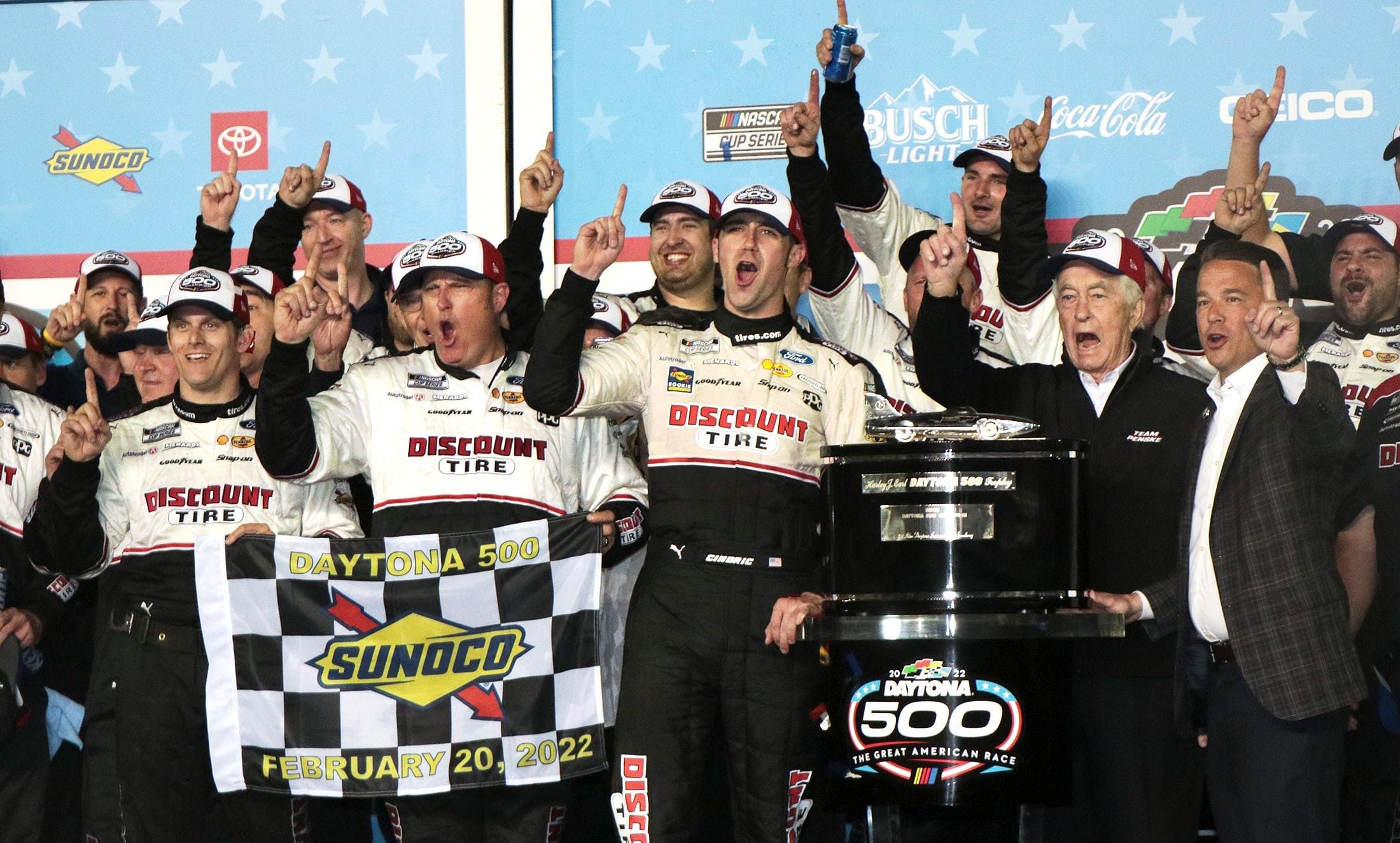 Austin Cindric and his team celebrate in Victory Lane after winning the Daytona 500 - Source: Imagn