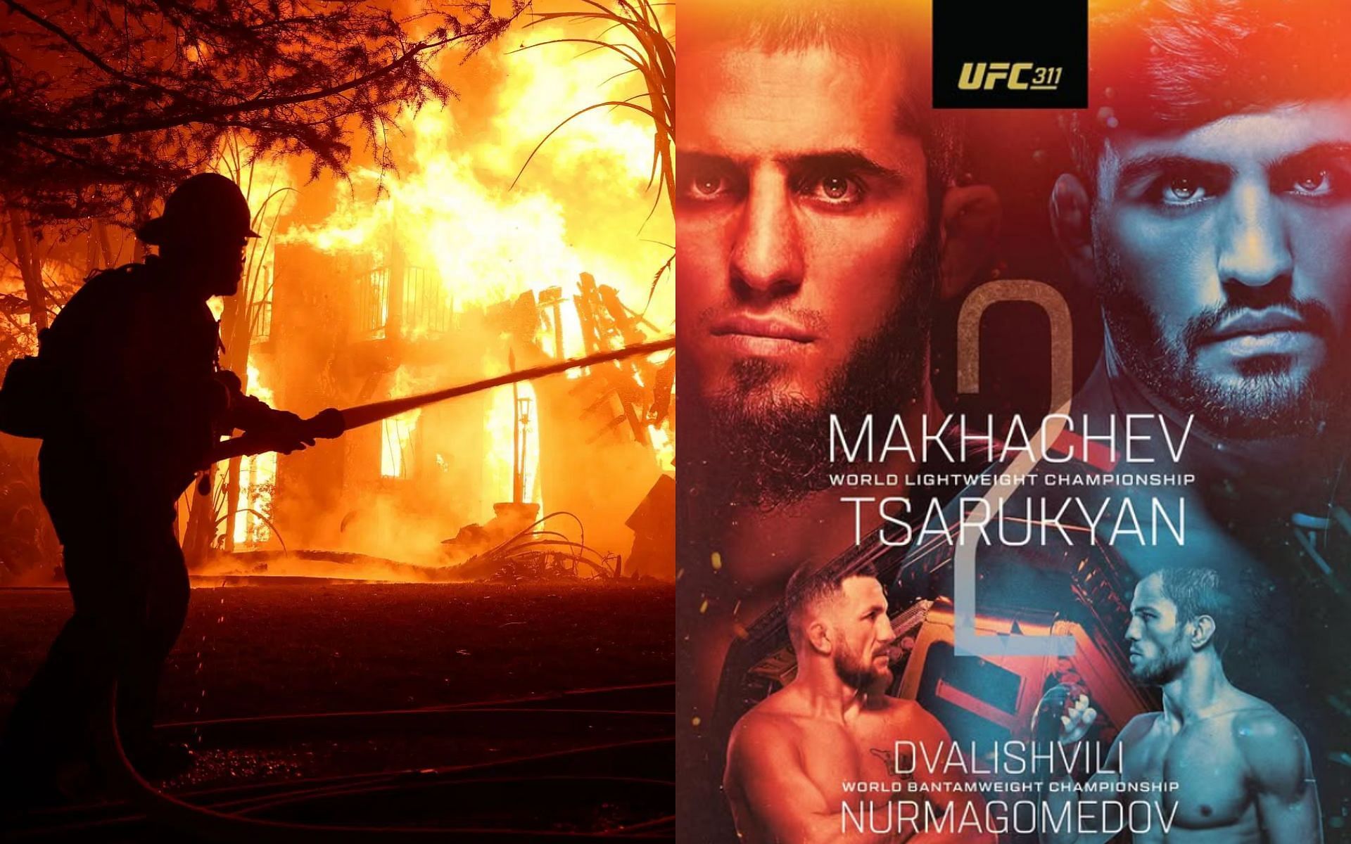 Los Angeles fires (left) affected the arena set to host Islam Makhachev vs. Arman Tsarukyan (right), but UFC 311 will go ahead as planned according to Intuit Dome [Images courtesy: Getty Images, @ufc on Instagram]