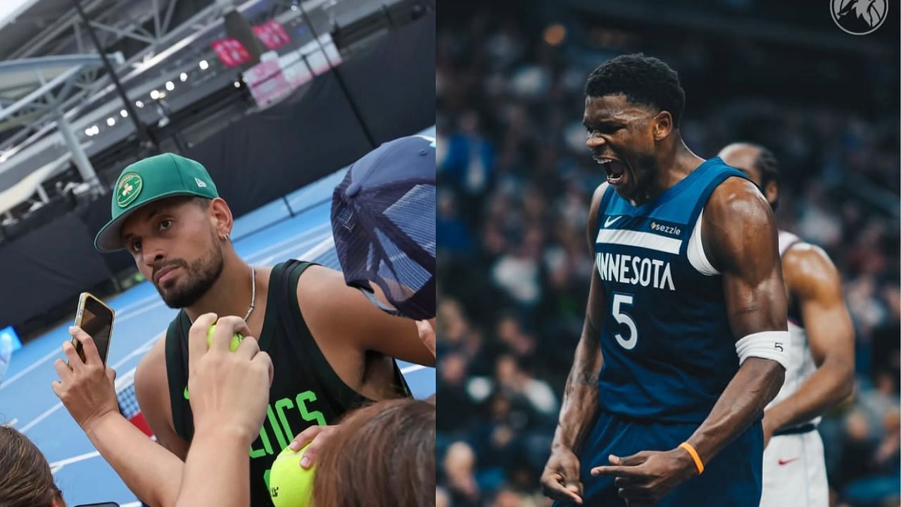 Diehard Boston Celtics fan Nick Kyrgios wore an Anthony Edwards jersey while preparing for the 2025 Australian Open. [photo: @k1ngkyrg1os/IG, @timberwolves/IG]