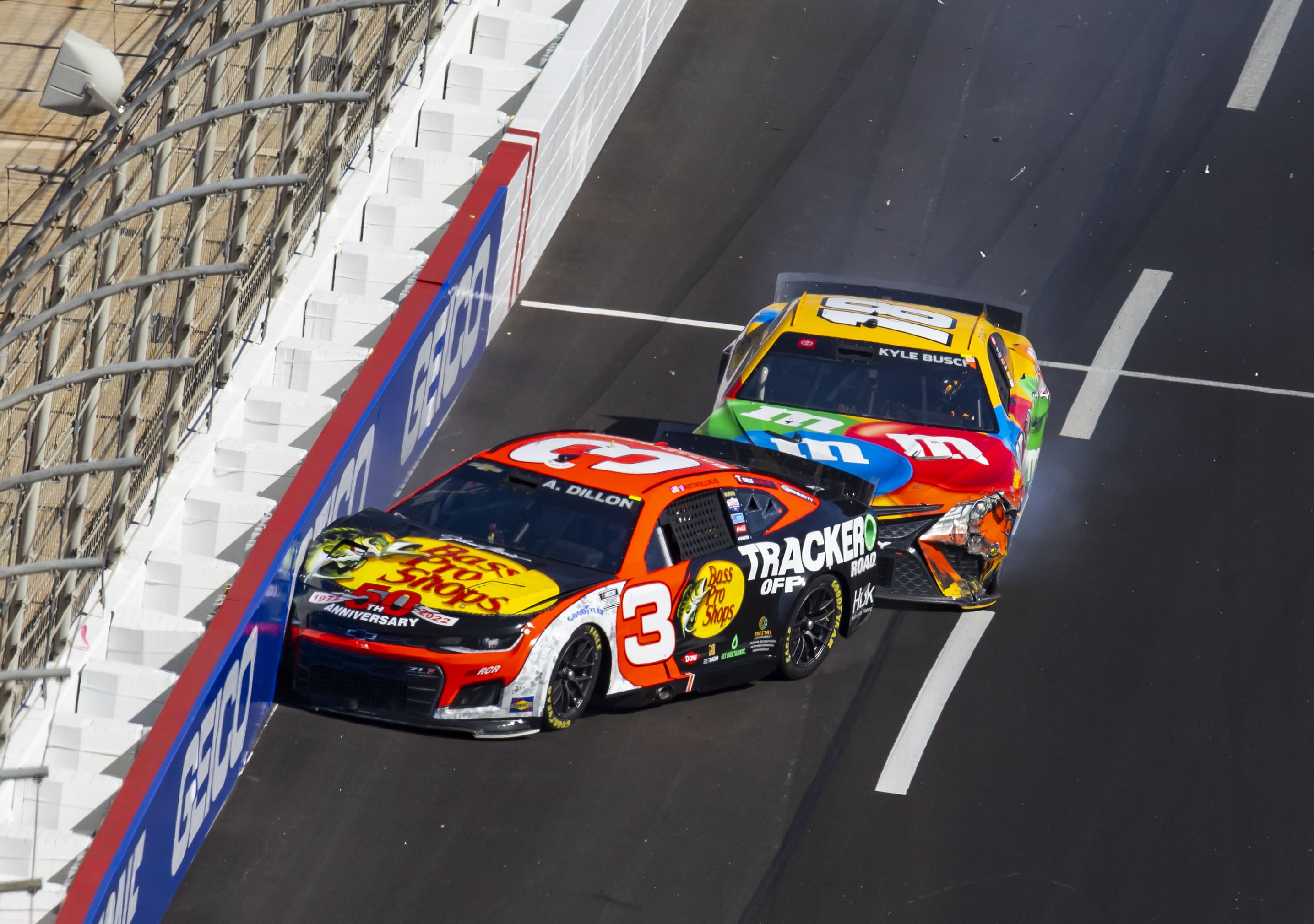 Austin Dillon (3) and Kyle Busch (18) crash during the Folds of Honor QuikTrip 500 at Atlanta Motor Speedway, March 20th, 2022 - Source: Imagn