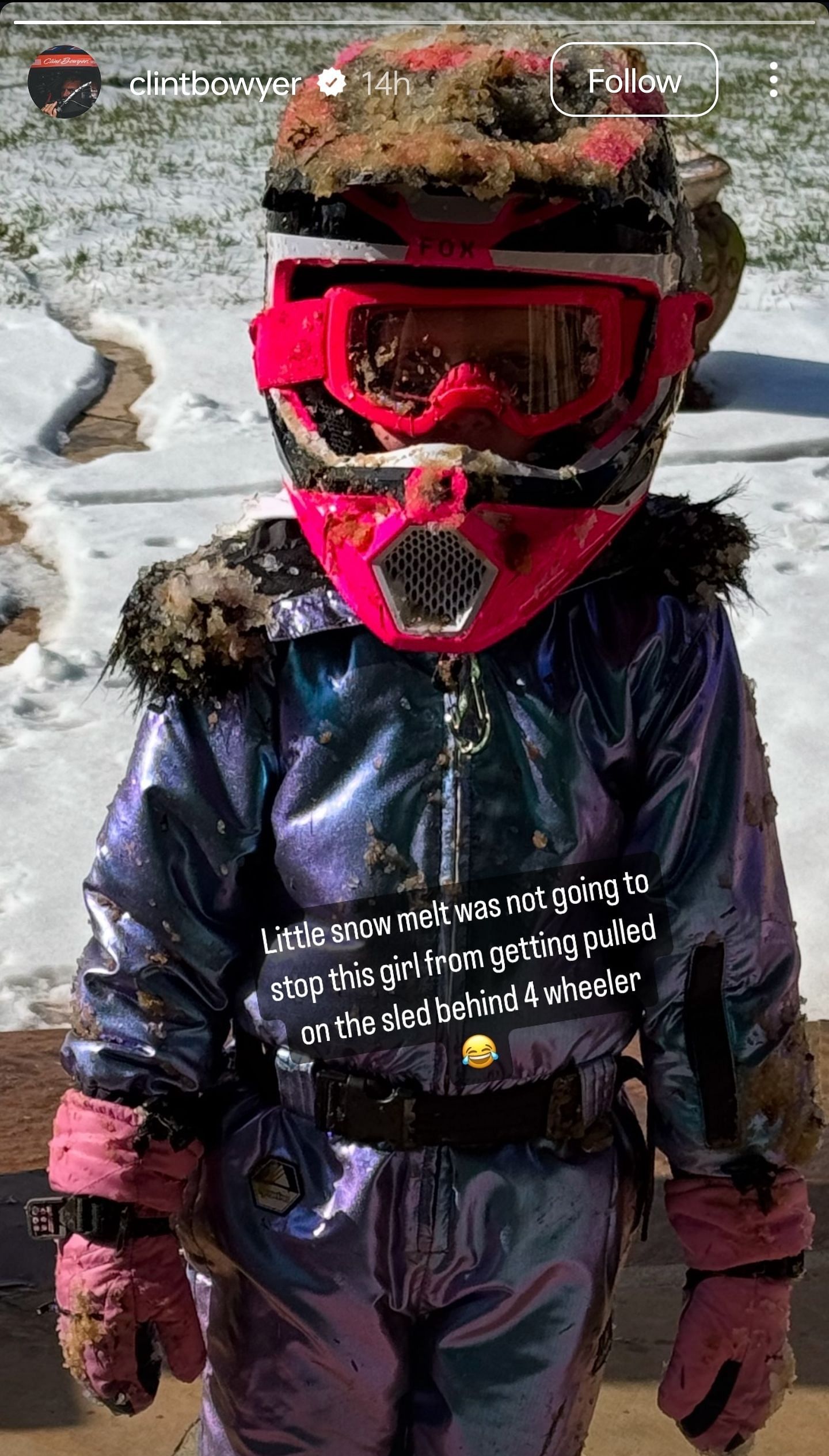 Clint Bowyer&#039;s story of his daughter Presley after her sled session - Source: via @clintbowyer on Instagram