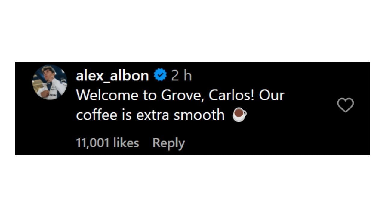 Alex Albon drops a reaction to Carlos Sainz&#039;s &quot;first day&quot; post from Grove (@alex_albon on Instagram)