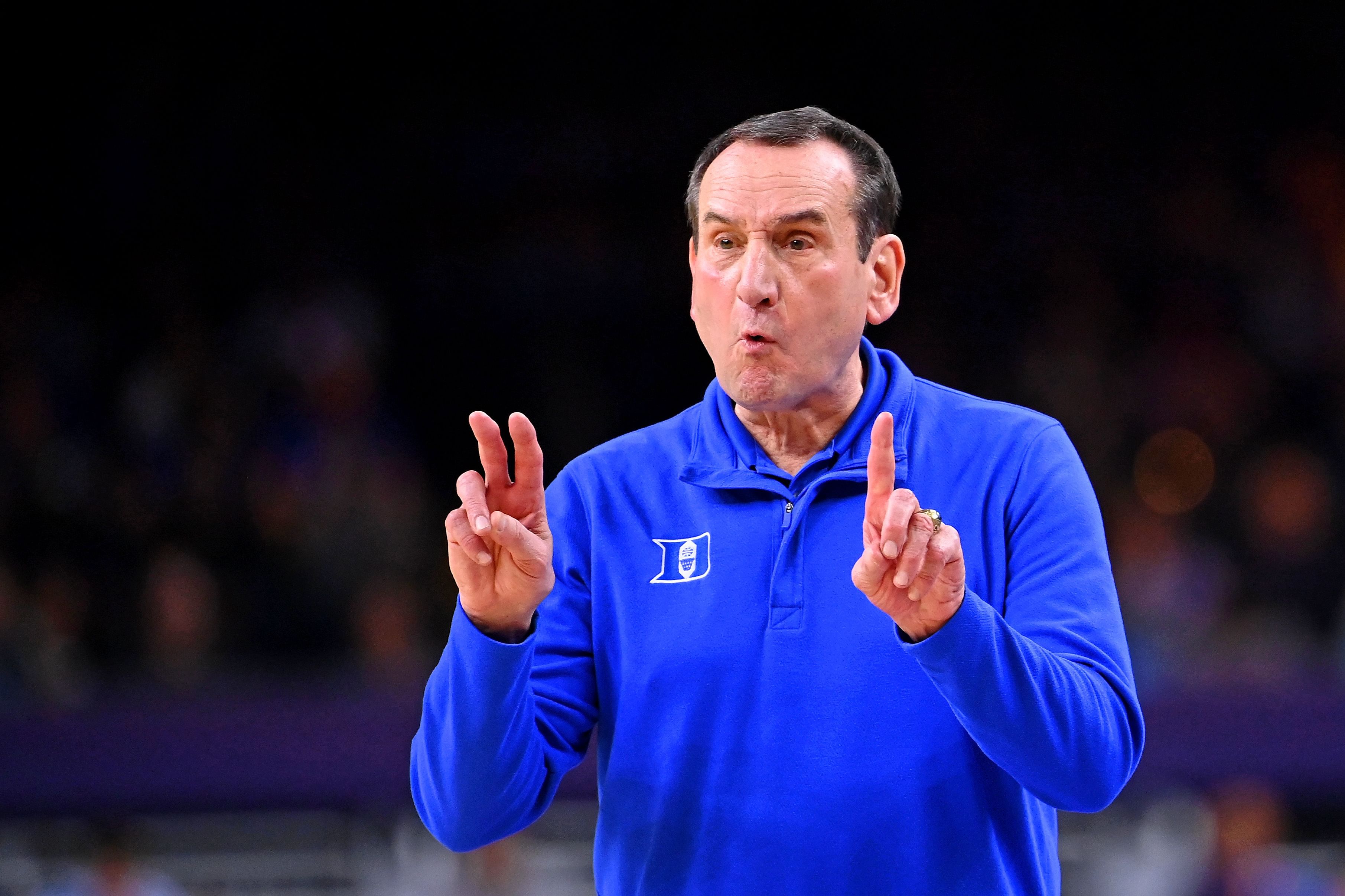 Mike Krzyzewski gestures at his team during the Final Four matchup vs North Carolina Tar Heels in 2022. [NCAA Basketball: Final Four-Semifinals-North Carolina vs Duke - Source: Imagn]