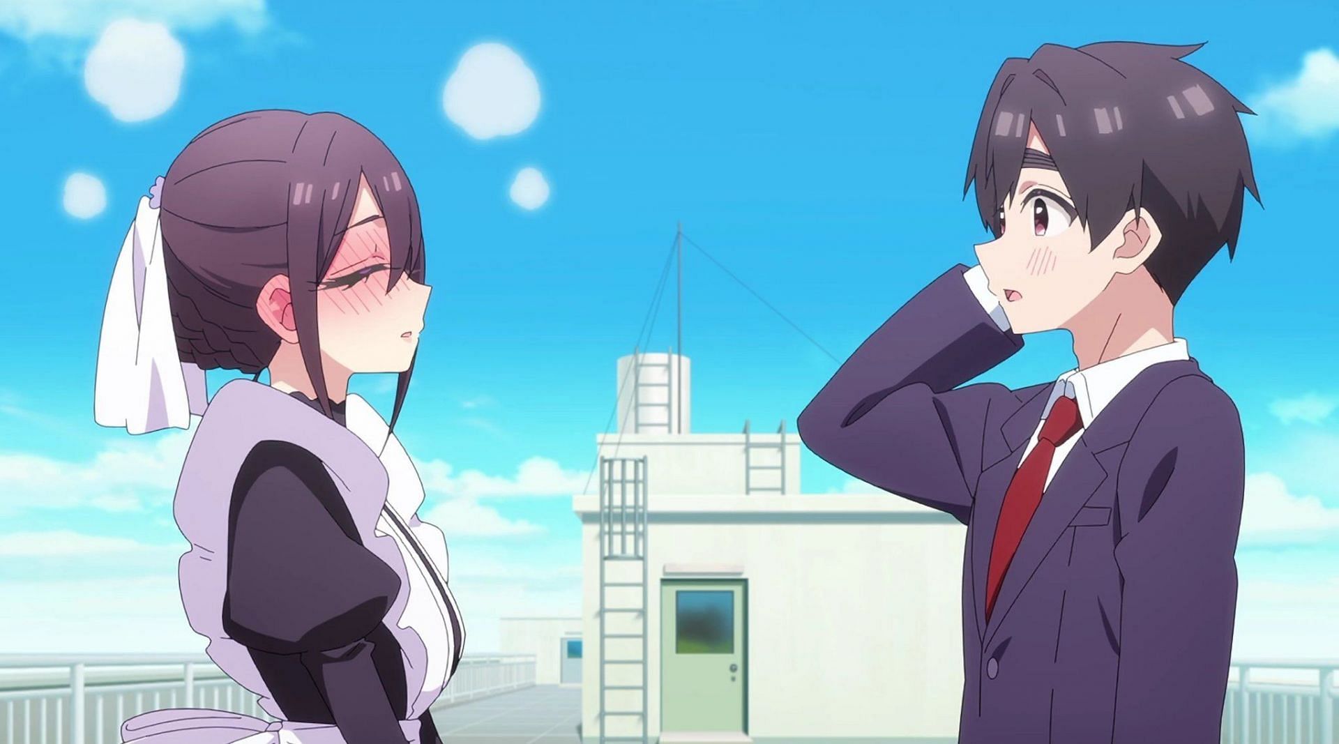 Meido blushes in front of Rentaro (Image via Bibury Animation Studios)