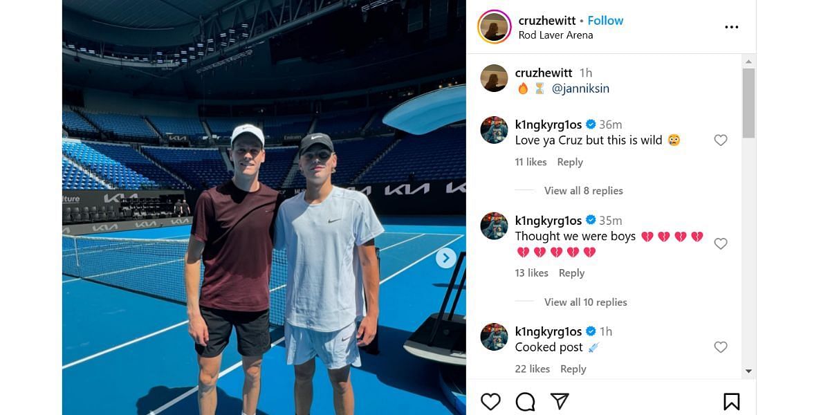 Nick Kyrgios&#039; comments on Cruz Hewitt&#039;s post with Jannik Sinner | Instagram @cruzhewitt