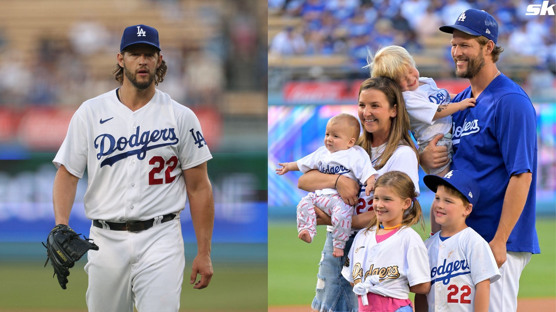 Clayton Kershaw of the Los Angeles Dodgers with his family, wife Ellen, sons Chance, Cooper and Charley, and daughter Cali Ann, as they were present at Kershaws bobblehead night prior to the game against the Washington Nationals at Dodger Stadium (Source: Getty)