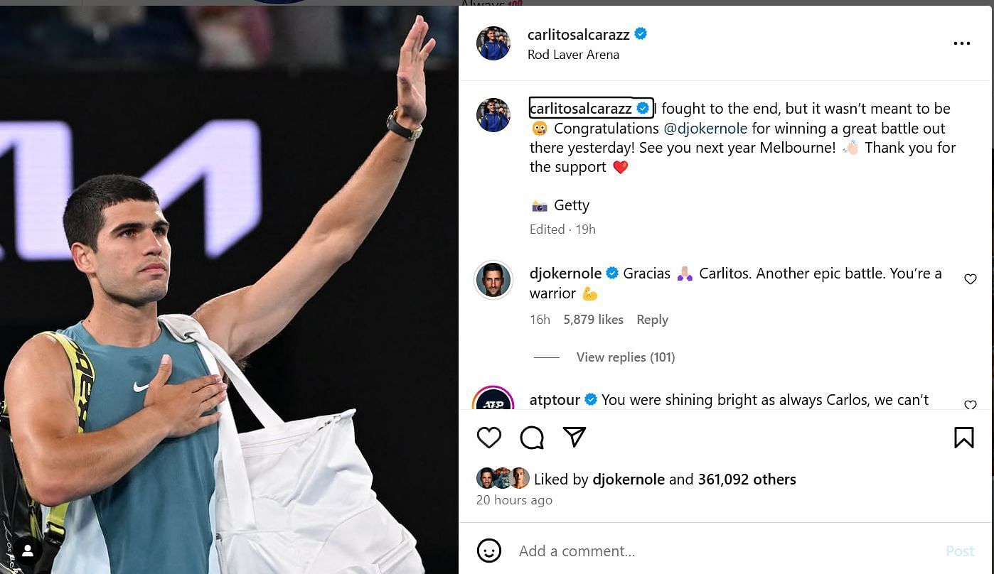 Djokovic&#039;s endearing comment on a post by Alcaraz - via @carlitosalcarazz on Instagram