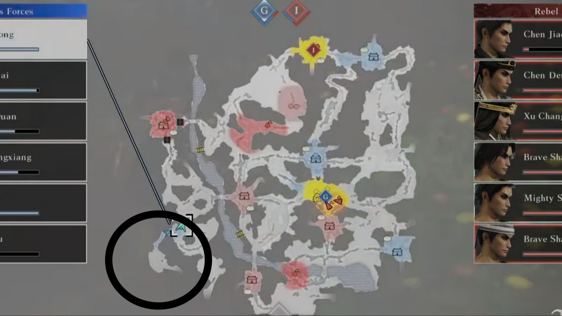 The circled area is where Bailuan awaits - the southeastern corner won&#039;t show up on the map until you get there (Image via Koei Tecmo)