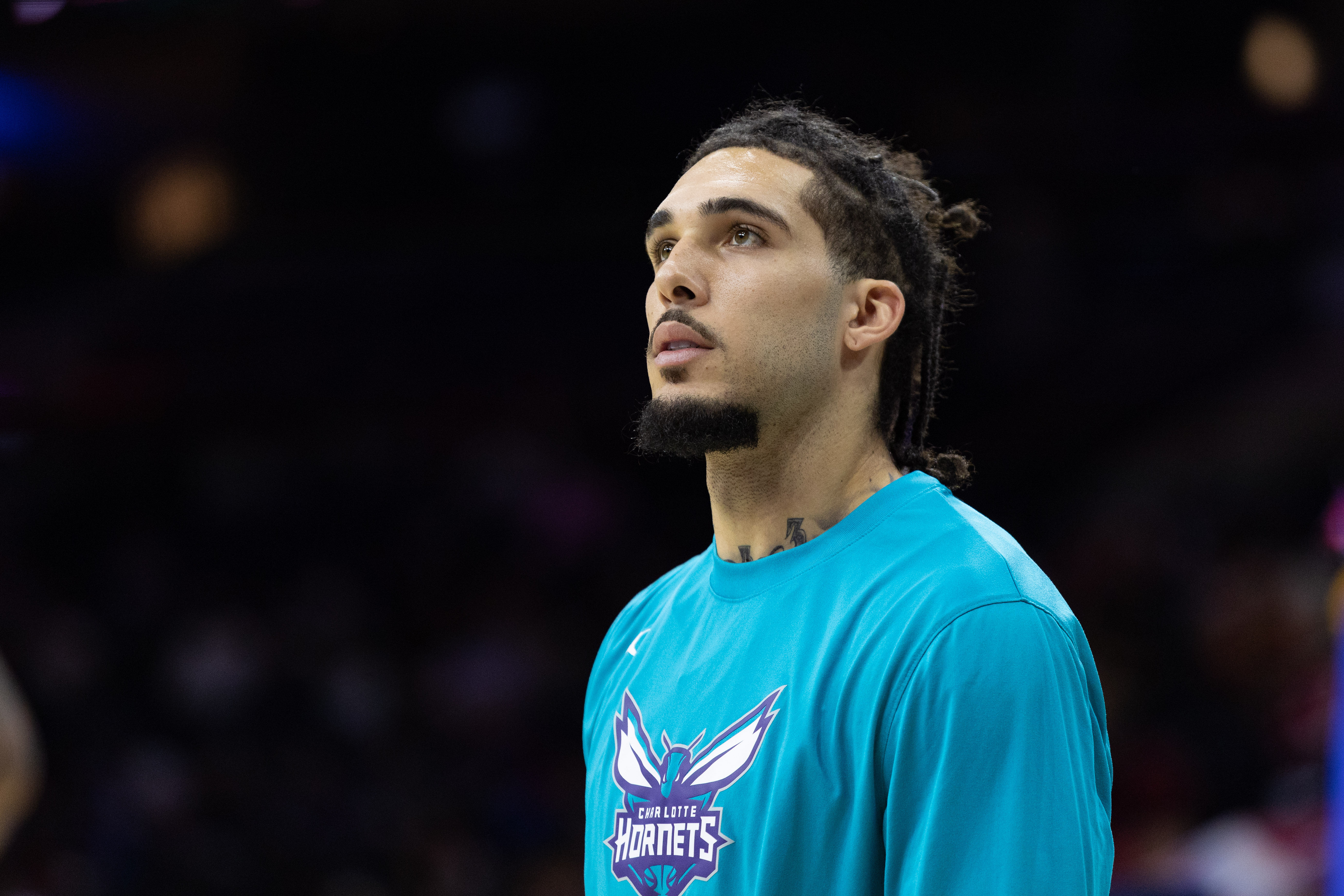 Former Charlotte Hornets guard LiAngelo Ball before a game against the Philadelphia 76ers at Wells Fargo Center. Photo Credit: Imagn