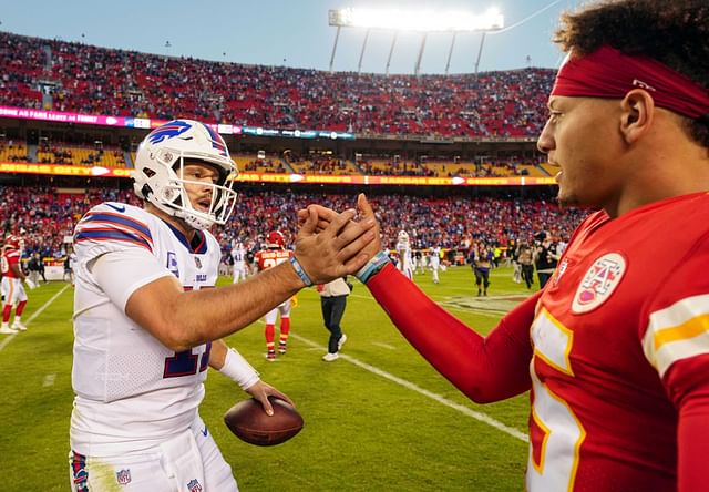 Oct 16, 2022; Kansas City, Missouri, USA; Buffalo Bills quarterback Josh Allen (17) shakes hands with Kansas City Chiefs quarterback Patrick Mahomes (15) after a game at GEHA Field at Arrowhead Stadium. Mandatory Credit: Jay Biggerstaff-Imagn Images - Source: Imagn