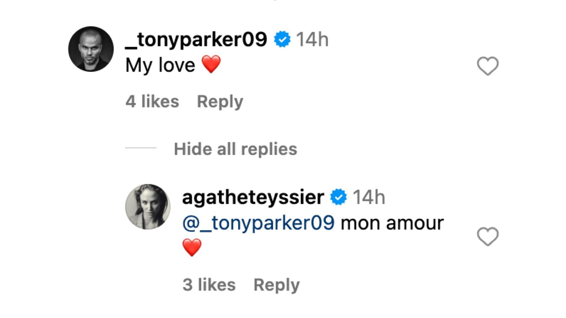 Agathe Teyssier reacts to Tony Parker&#039;s comment on Instagram. Photo Credit: Instagram/@agatheteyssier.