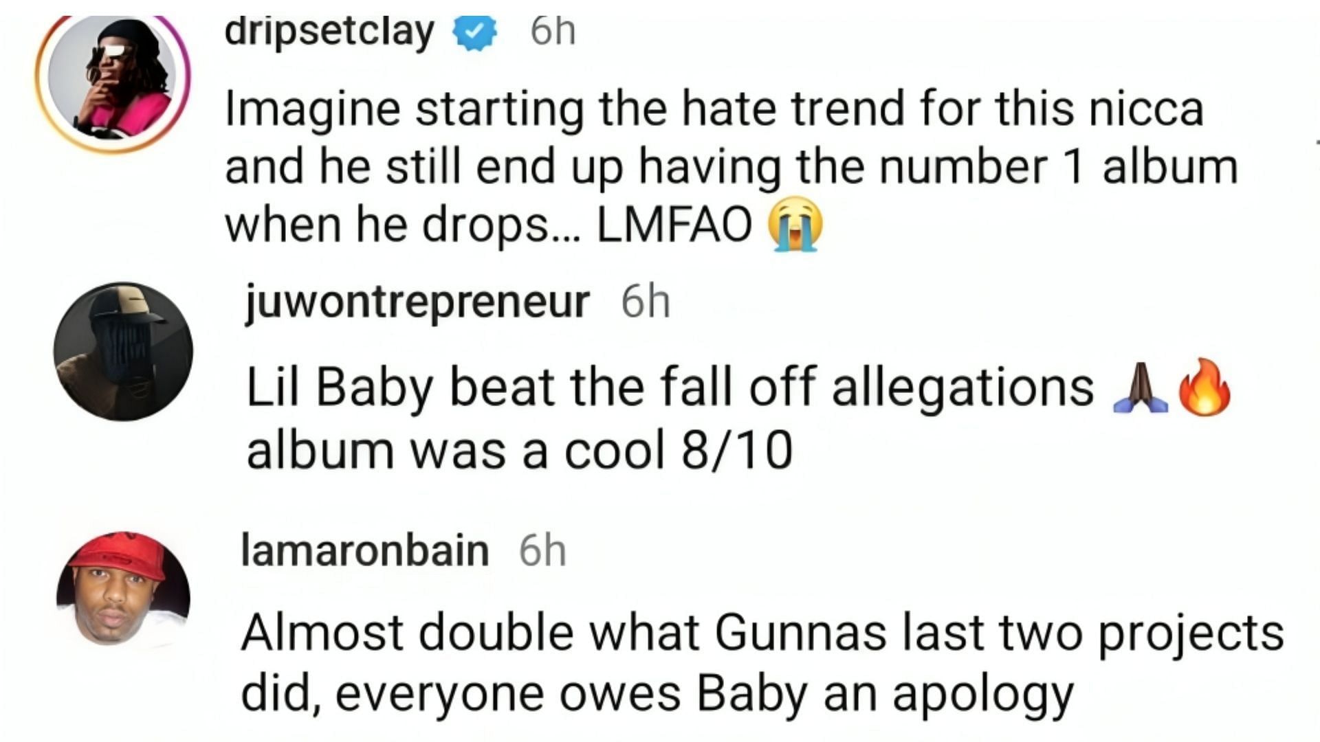 Netizens supported Lil Baby (Image via Instagram/@dripsetclay, @juwontrepreneur, @lamaronbain)