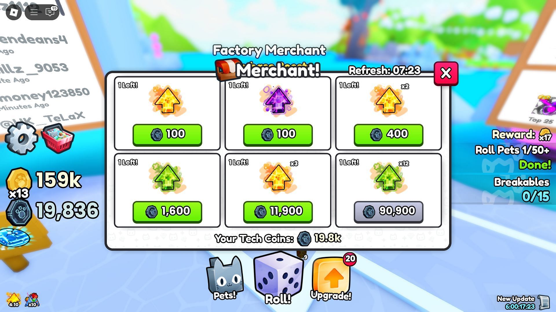 The Factory Merchant sells different boosts (Image via Roblox)