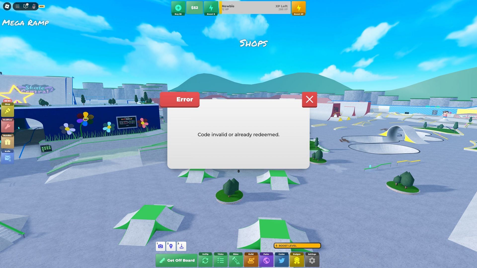 Troubleshoot codes in Skate Park (Image via Roblox)